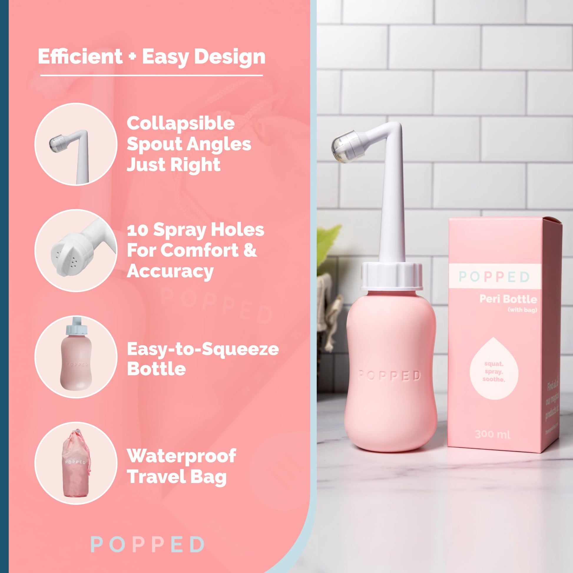 Popped Peri Bottle for Postpartum Care | Portable Bidet | Spray Bottle for Pain Relief, Tears POPPED