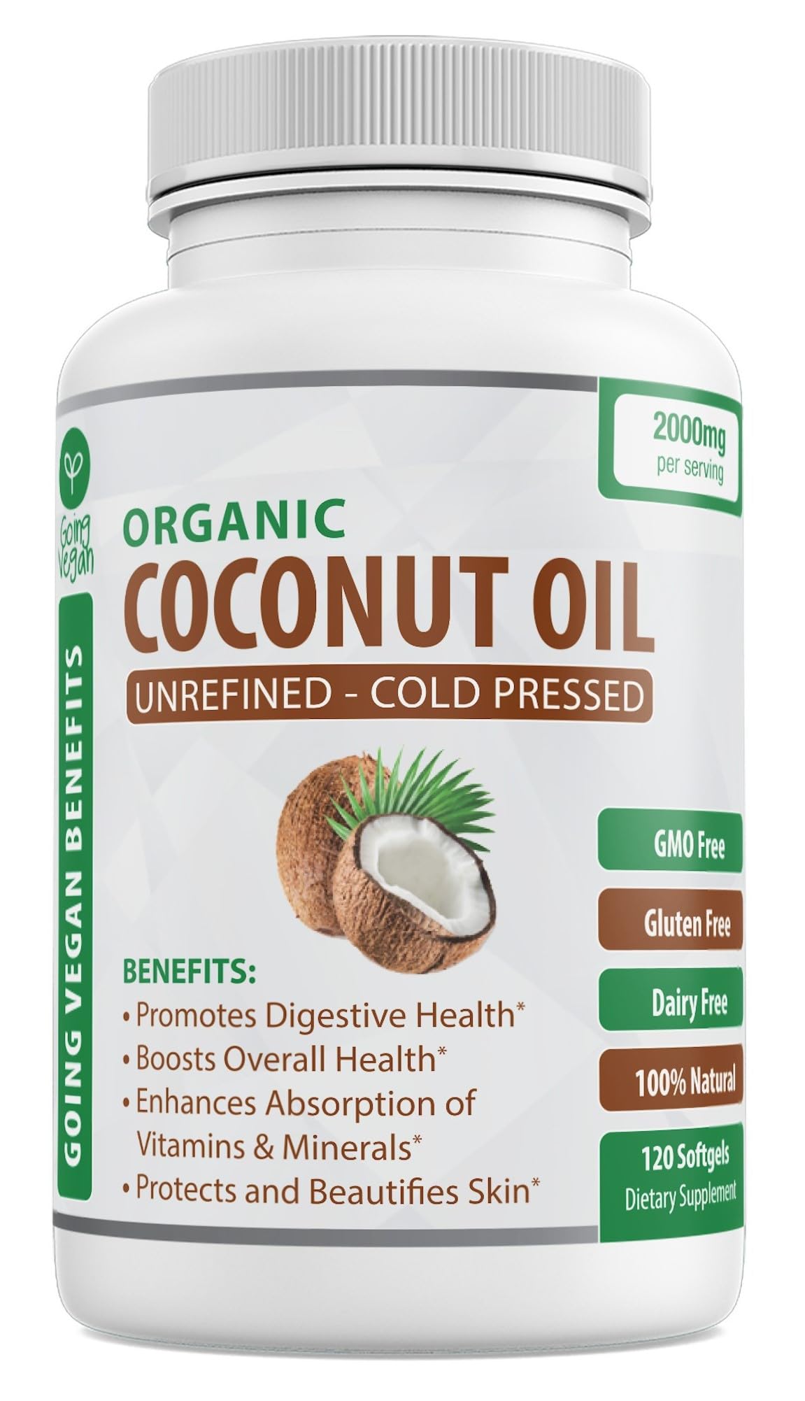 Organic Coconut Oil Capsules 2000mg - 100% Extra Virgin, Cold Pressed for Healthy Skin Going Vegan