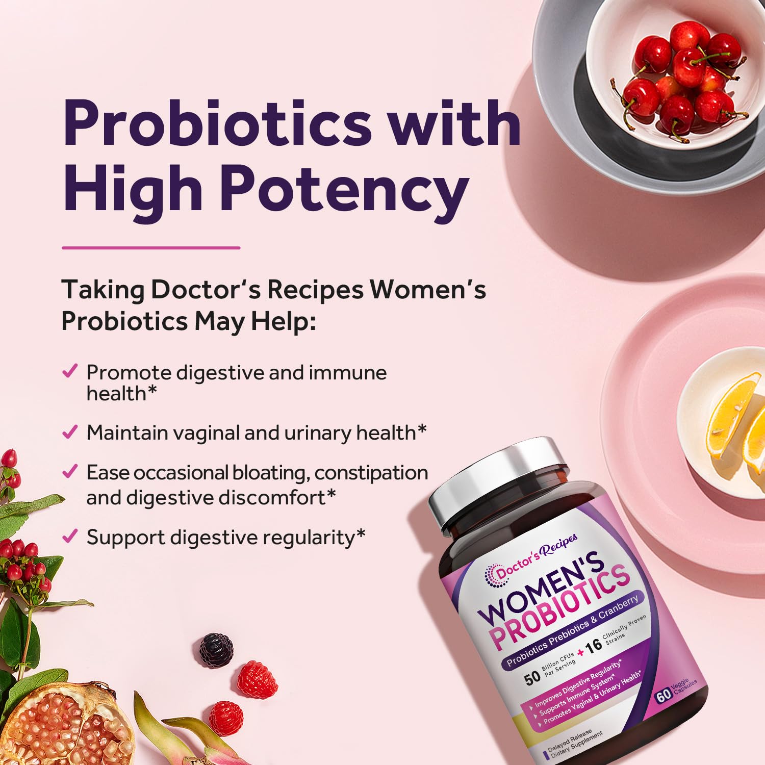 Doctor's Recipes Women’s Probiotic, 60 Caps 50 Billion CFU 16 Strains, with Organic Doctor's Recipes