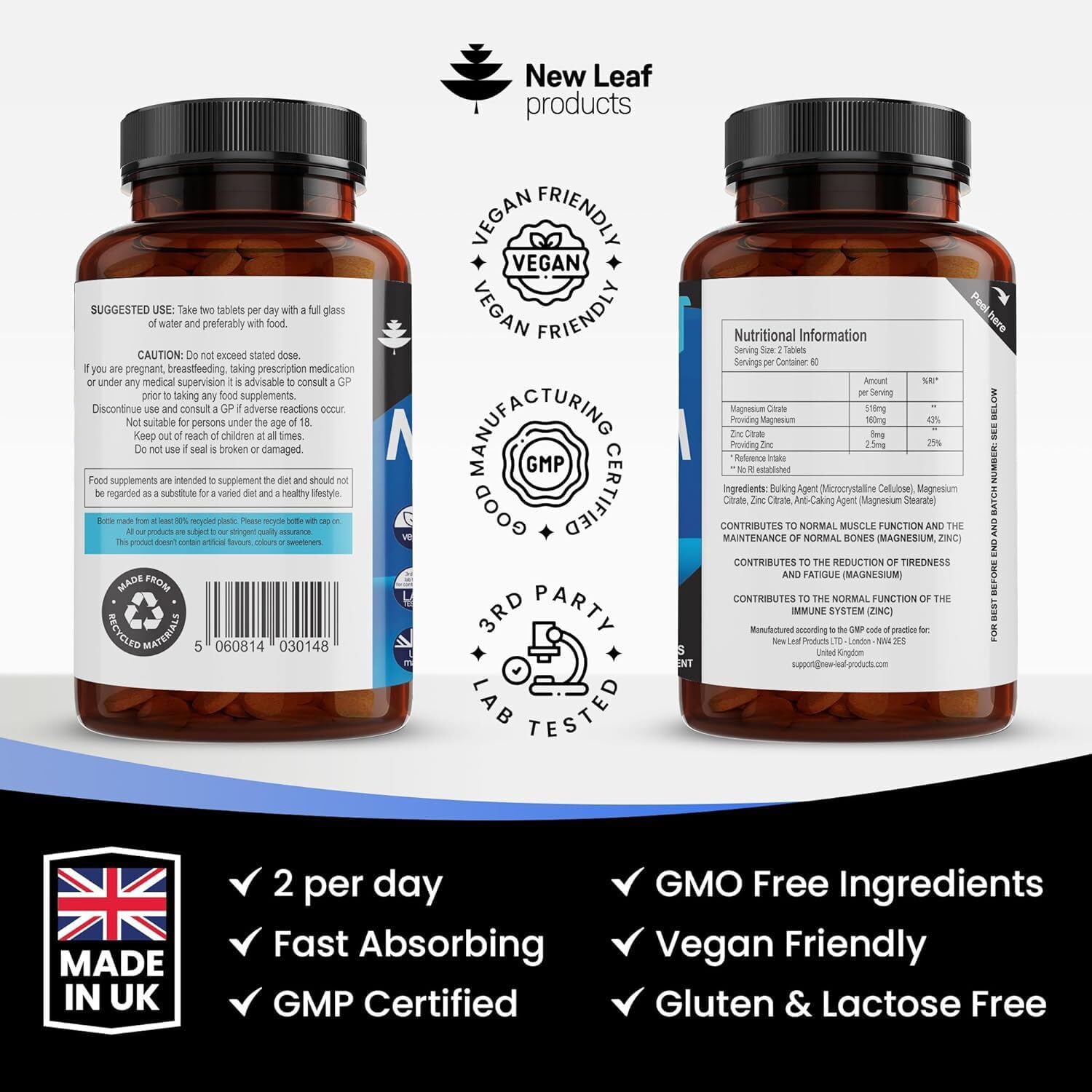 Magnesium Supplements 516mg With Zinc - 120 Magnesium Tablets Supports Muscle NEW LEAF PRODUCTS