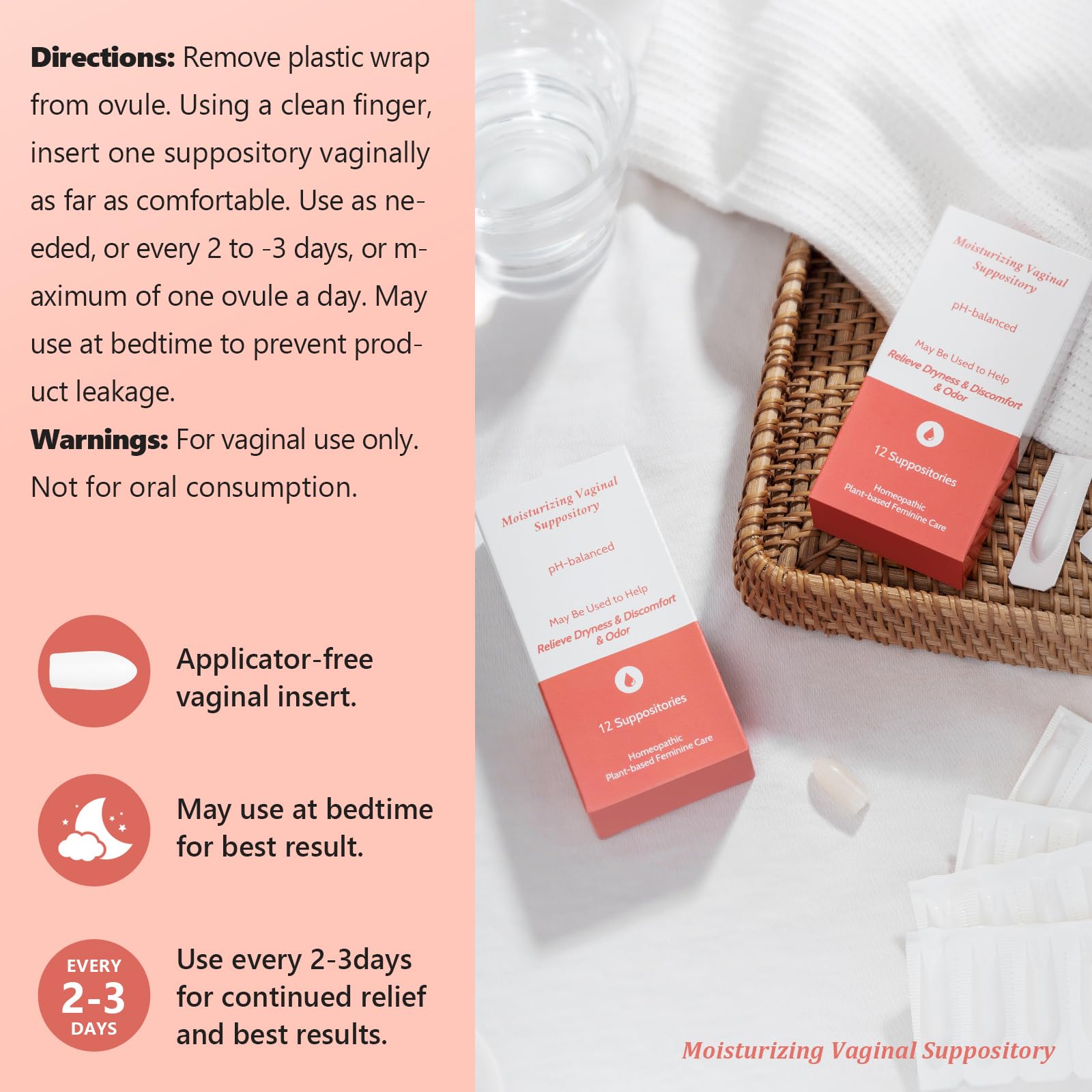 Vaginal Moisturizing Suppositories for Lasting Hydration & Comfort | Balances pH, Soothes Dryness Vagiria