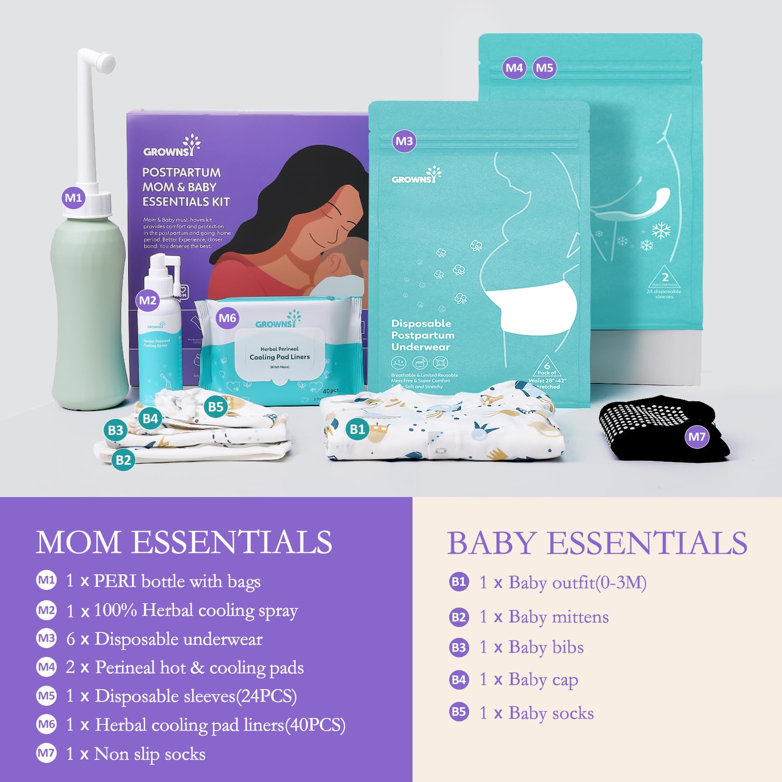 Grownsy Postpartum Mom & Baby Essential Kits, Postpartum Recovery Kit for Labor &Delivery GROWNSY