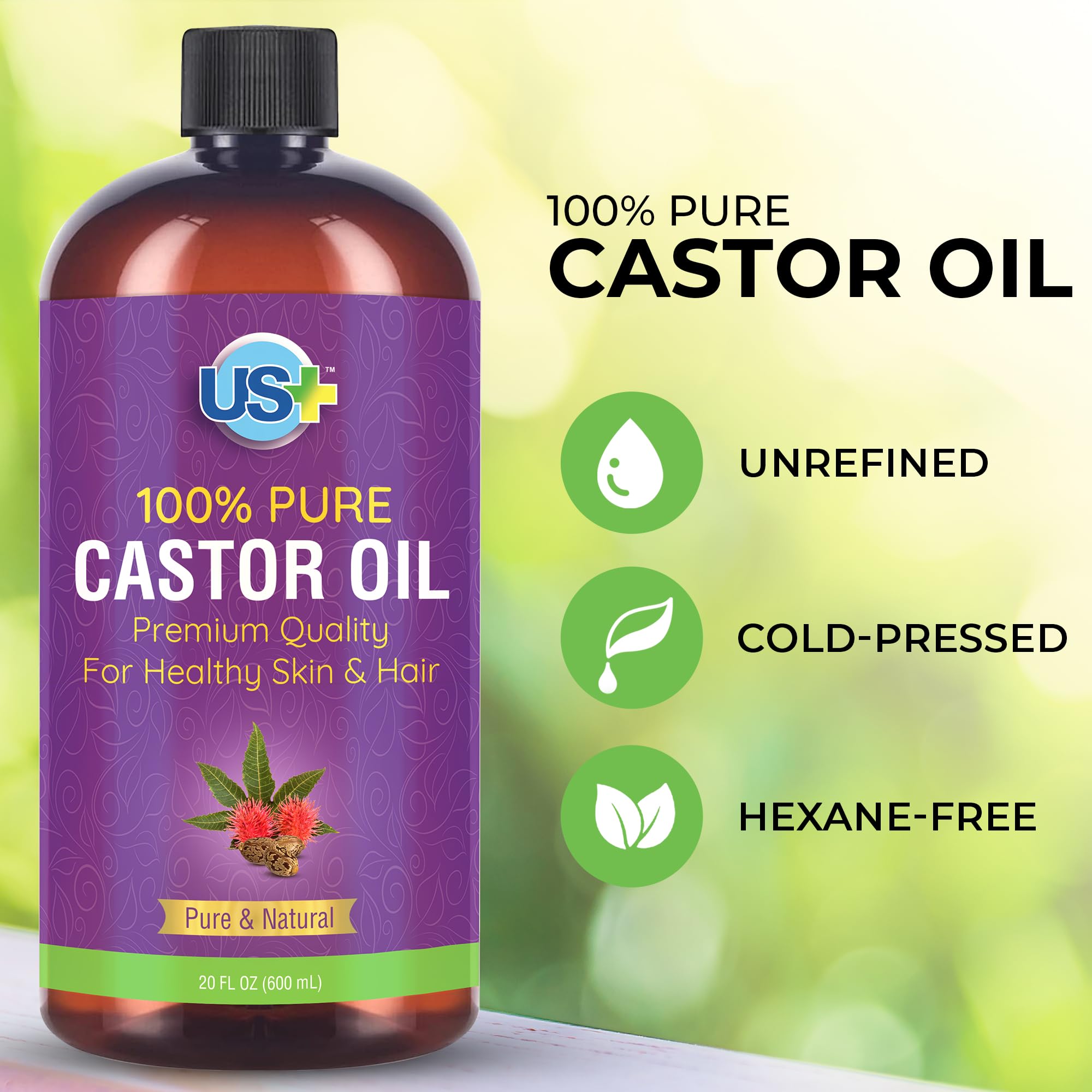 Us+ 20oz 100% Pure Castor Oil - Cold-pressed, Unrefined, Hexane-free - USP Grade - Premium Quality Us+