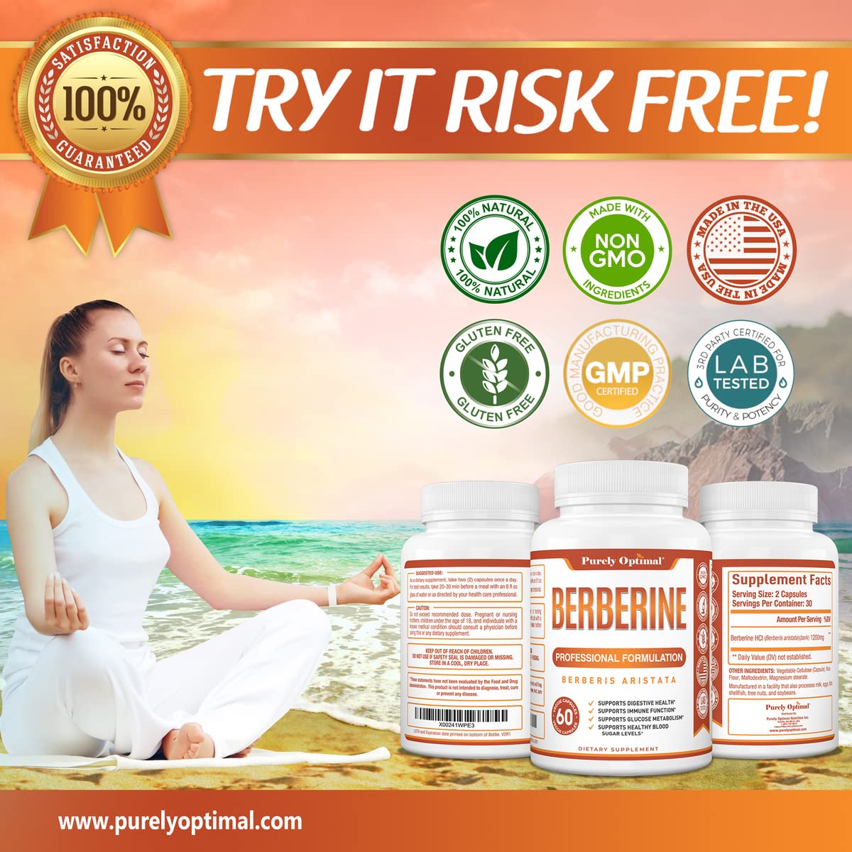 Purely Optimal Premium Berberine Supplement - 1200mg Berberine HCl, Non-GMO Purely Optimal