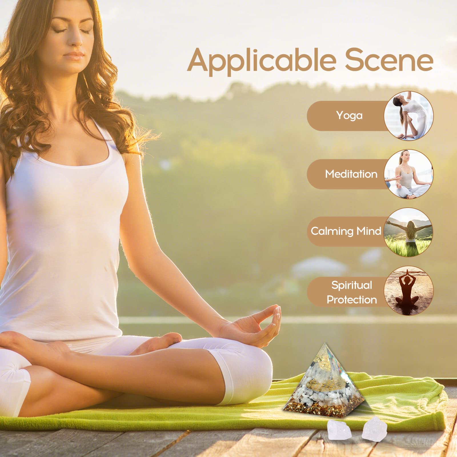 Hopeseed Orgone Pyramid for Positive Energy, Orgonite Rainbow Moonstone&White Crystal Hopeseed