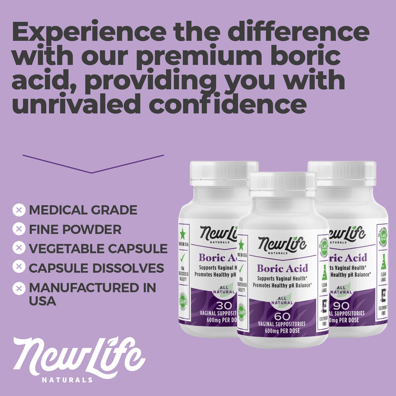 NewLife Naturals - Boric Acid Suppositories for Women pH Balance Pills - 600mg - Feminine Care NewLife Naturals