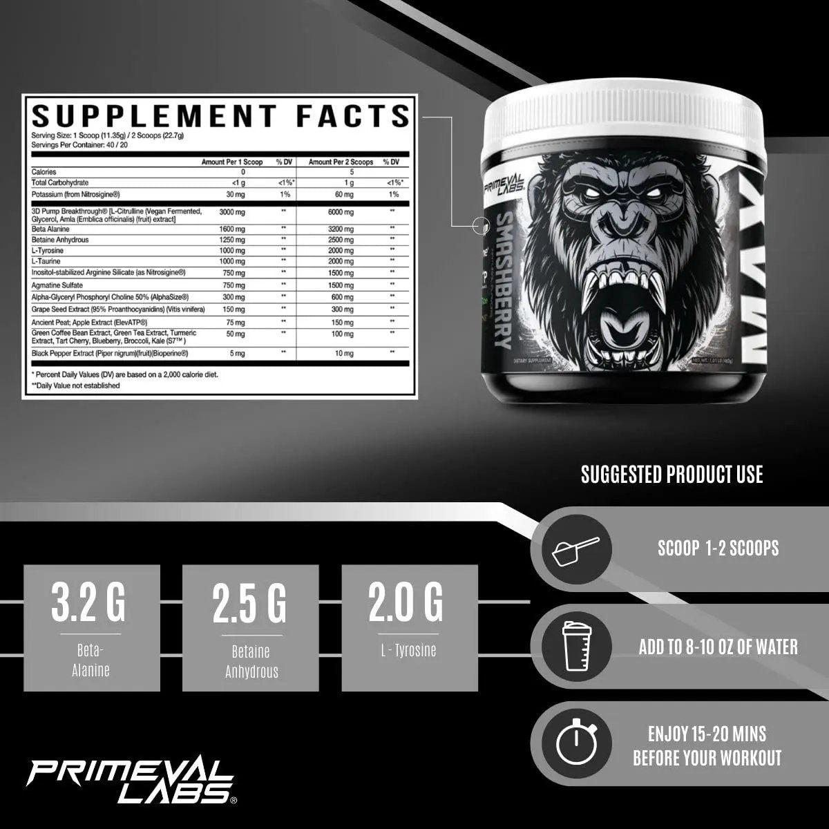 Primeval Labs ApeSh*t Max Pump Premium Pre-Workout | Muscle Pump & Vascularity | 40 Servings (Smashberry)