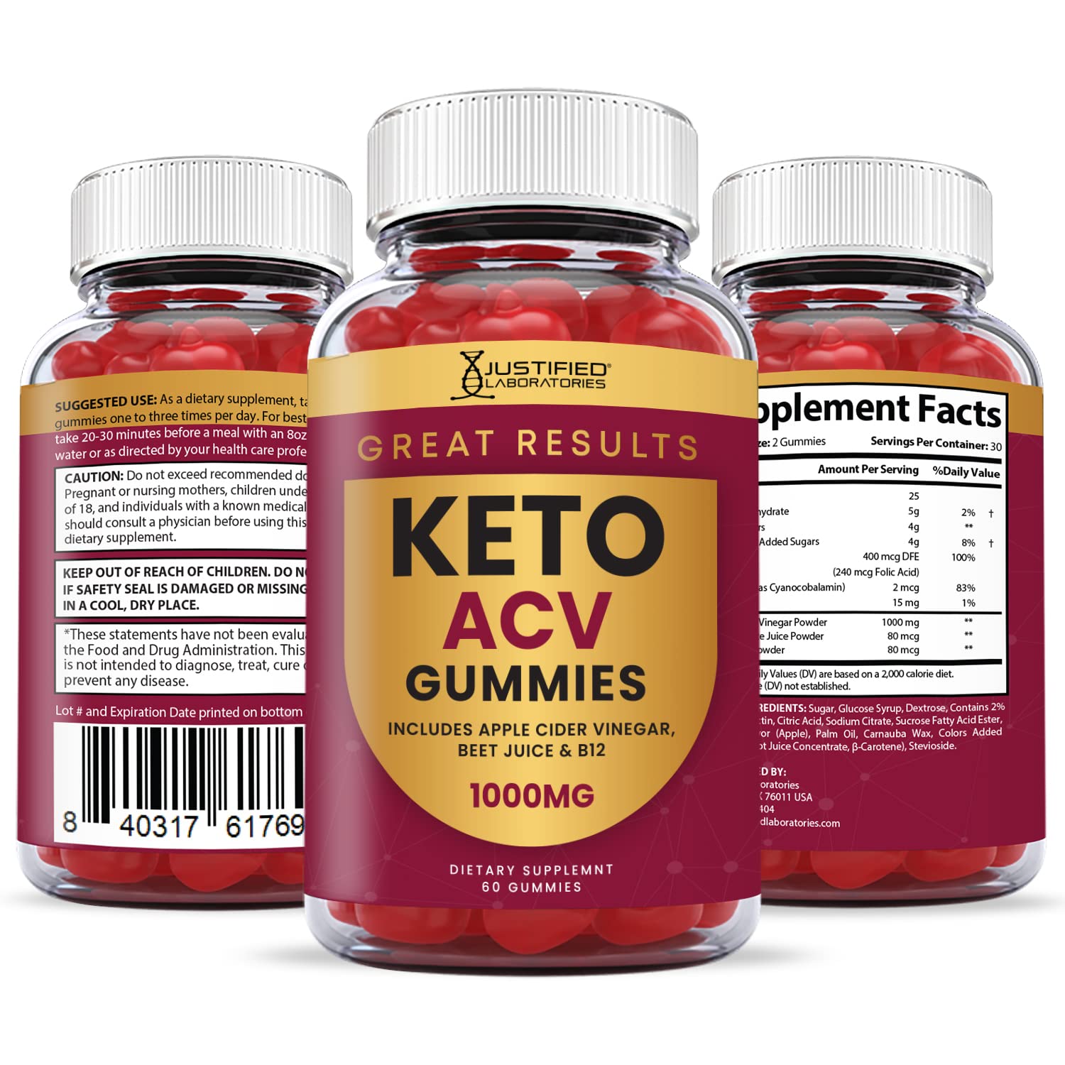 Justified Laboratories Great Results Keto ACV Gummies 1000MG with Pomegranate Juice Justified Laboratories