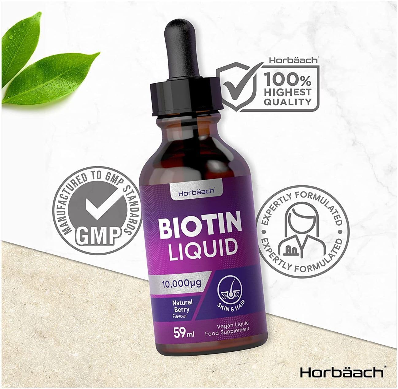 Biotin Liquid Drops for Hair & Skin Support | 10000 mcg Supplement | 59 ml Vitamin B7 Horbäach