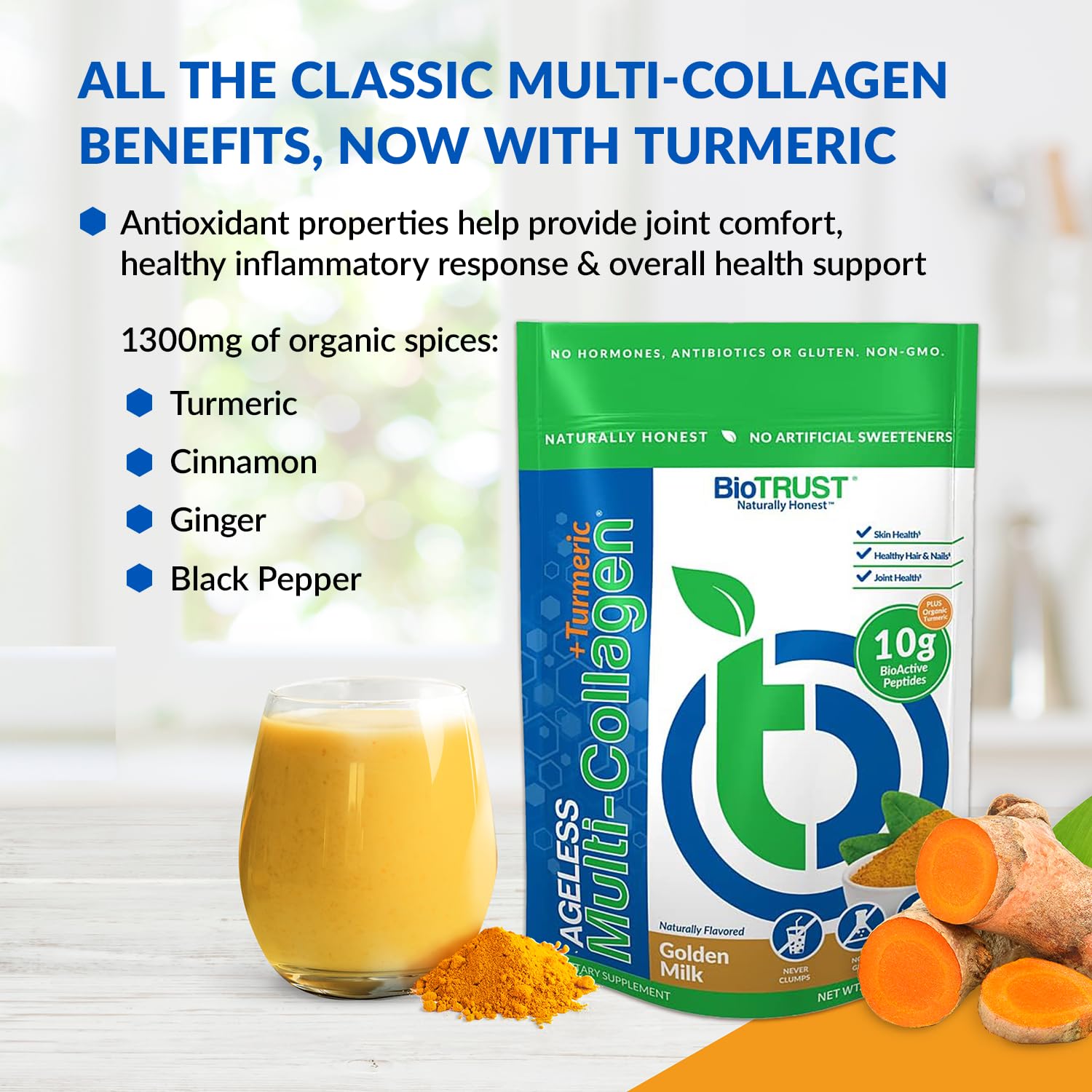 BioTrust Collagen Powder with Turmeric – 5 Types (I, II, III, V, X) + Turmeric BioTrust