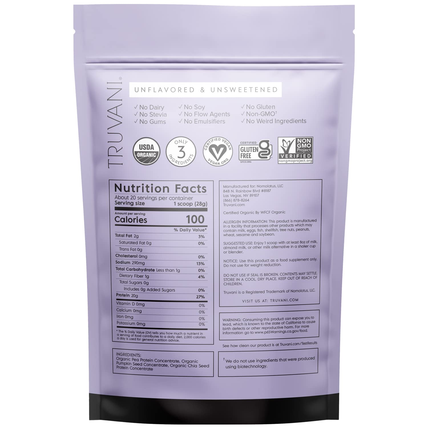 Truvani Organic Vegan Protein Powder Unflavored - 20g of Plant Based Protein, Organic Truvani