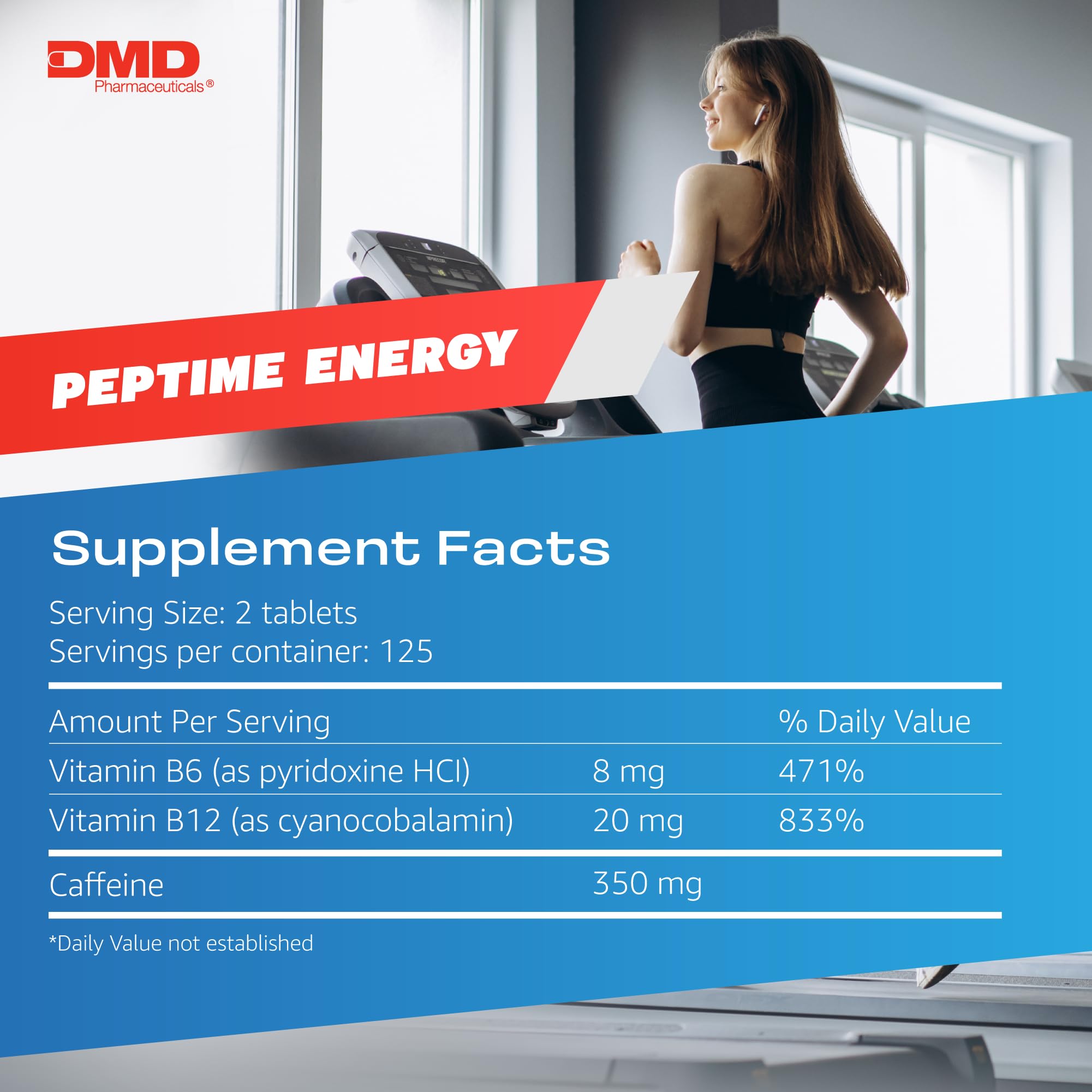 PEPTIME Energy Tablets, Vitamin B6 and B12 Caffeine Pills, 350 mg Caffein