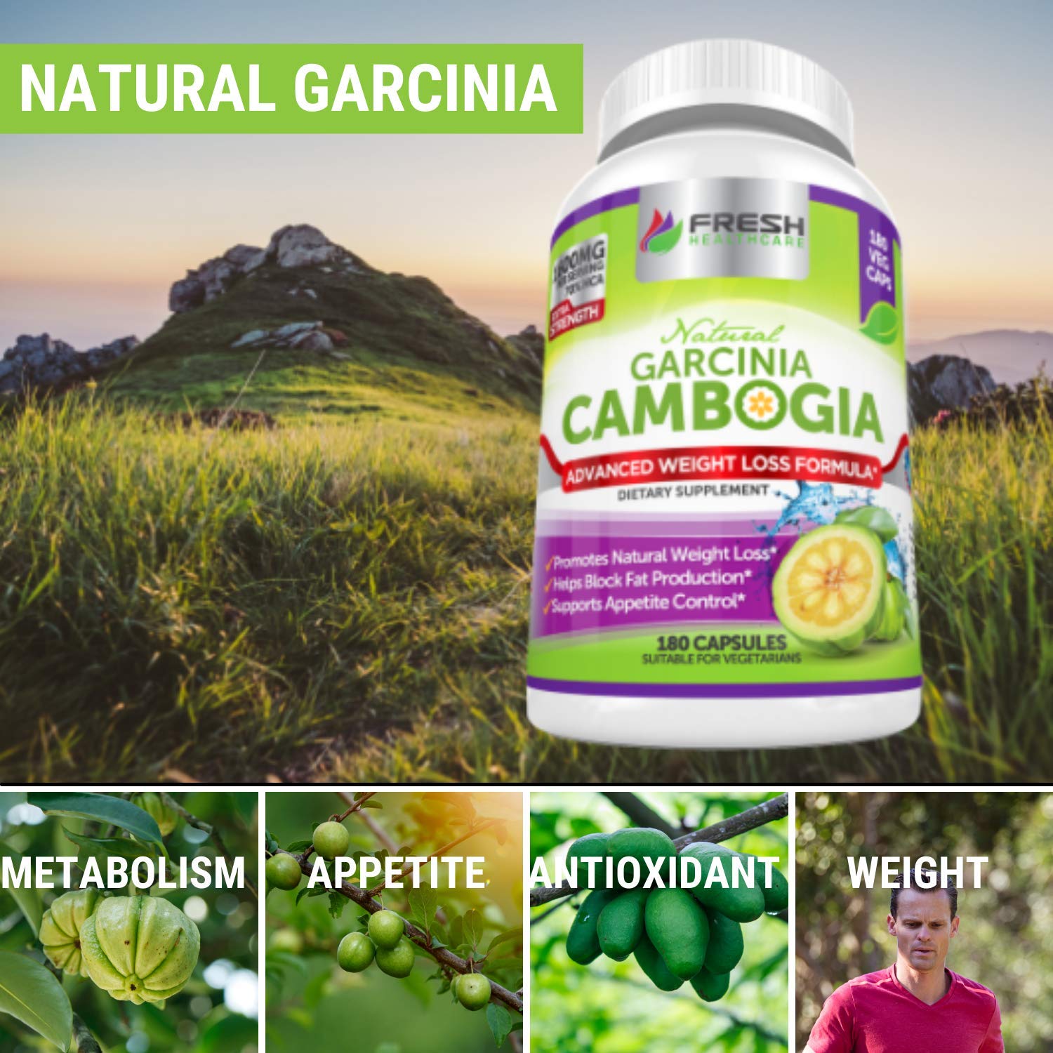 Fresh Healthcare 100% Pure Garcinia Cambogia Extract - All Natural Appetite Suppressant FRESH HEALTHCARE