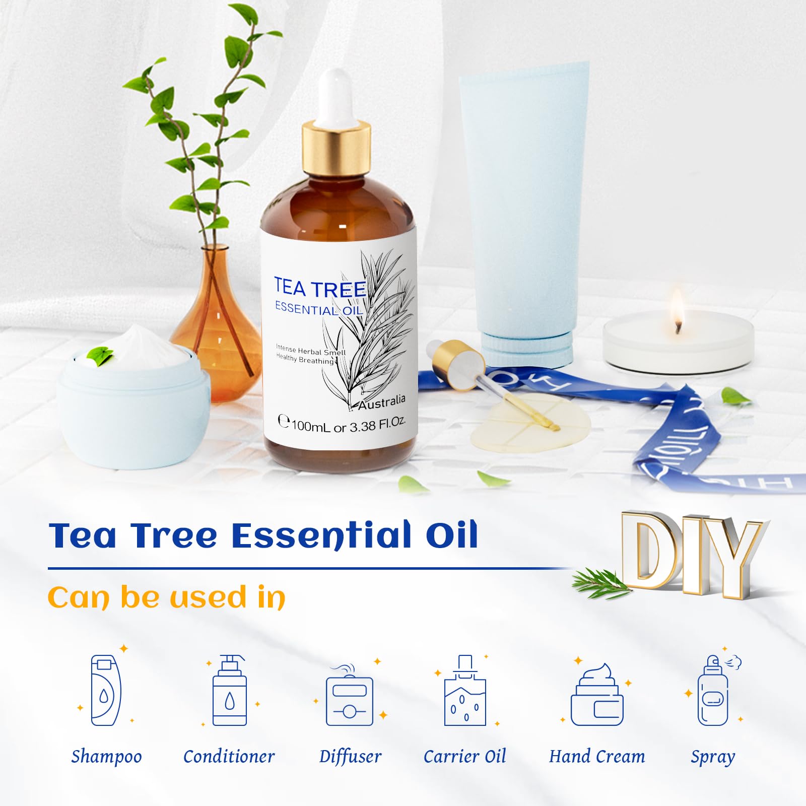 HIQILI Tea Tree Essential Oil (100 ML), 100% Pure for Toenail Fungus, Hair Damage HIQILI