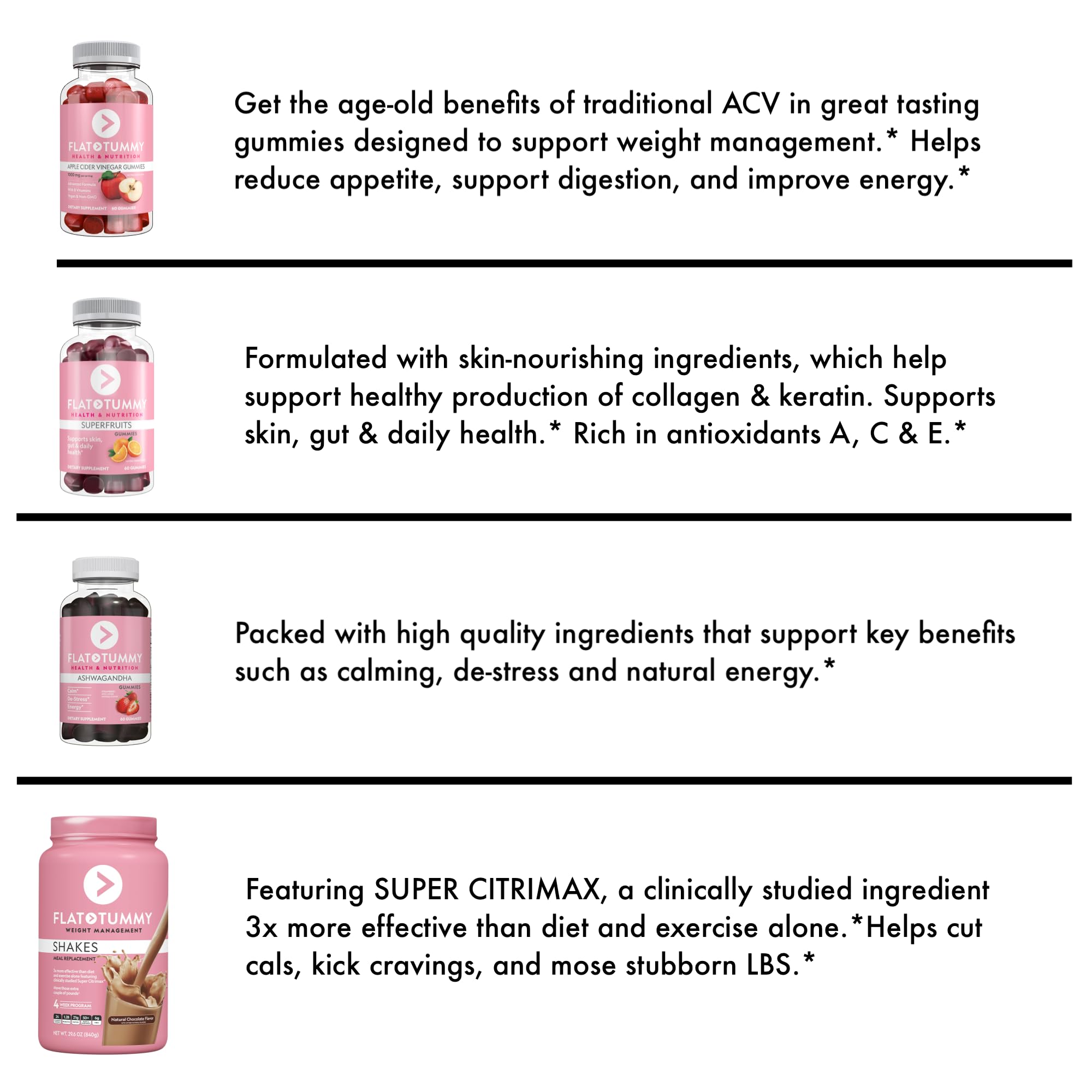 Flat Tummy Gummies Bundle with Apple Cider Vinegar Gummies, Superfruits Gummies Flat Tummy Tea
