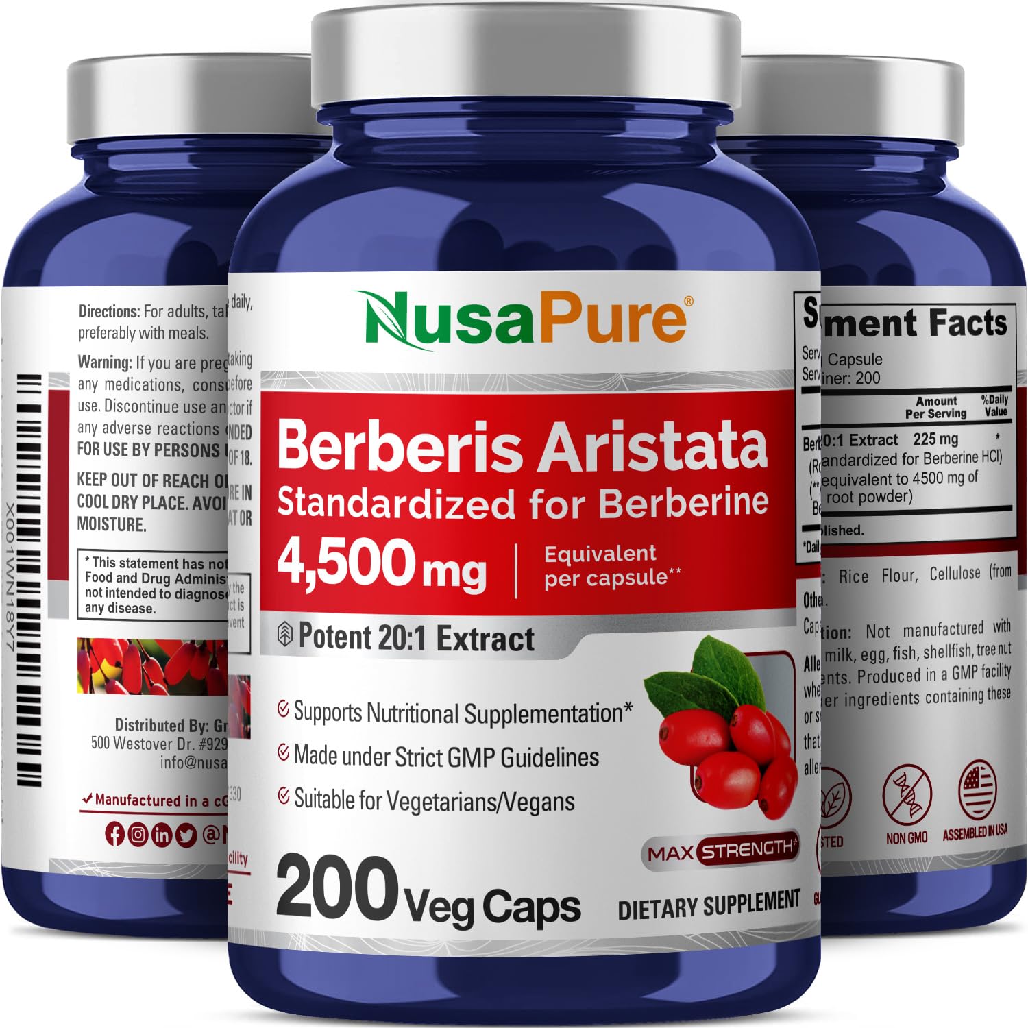 NusaPure Berberine HCI 4500 mg - 200 Veggie Caps - 6 Months Supply - (100% Vegetarian NusaPure