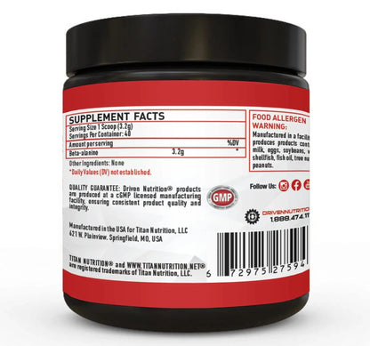 Driven Nutrition Beta Alanine, Unflavored - Preworkout Carnosine Booster for Physical Endurance, Reduce Lactic Acid & Muscle Fatigue, Support Workout Capacity for Weightlifting & High Intensity Cardio