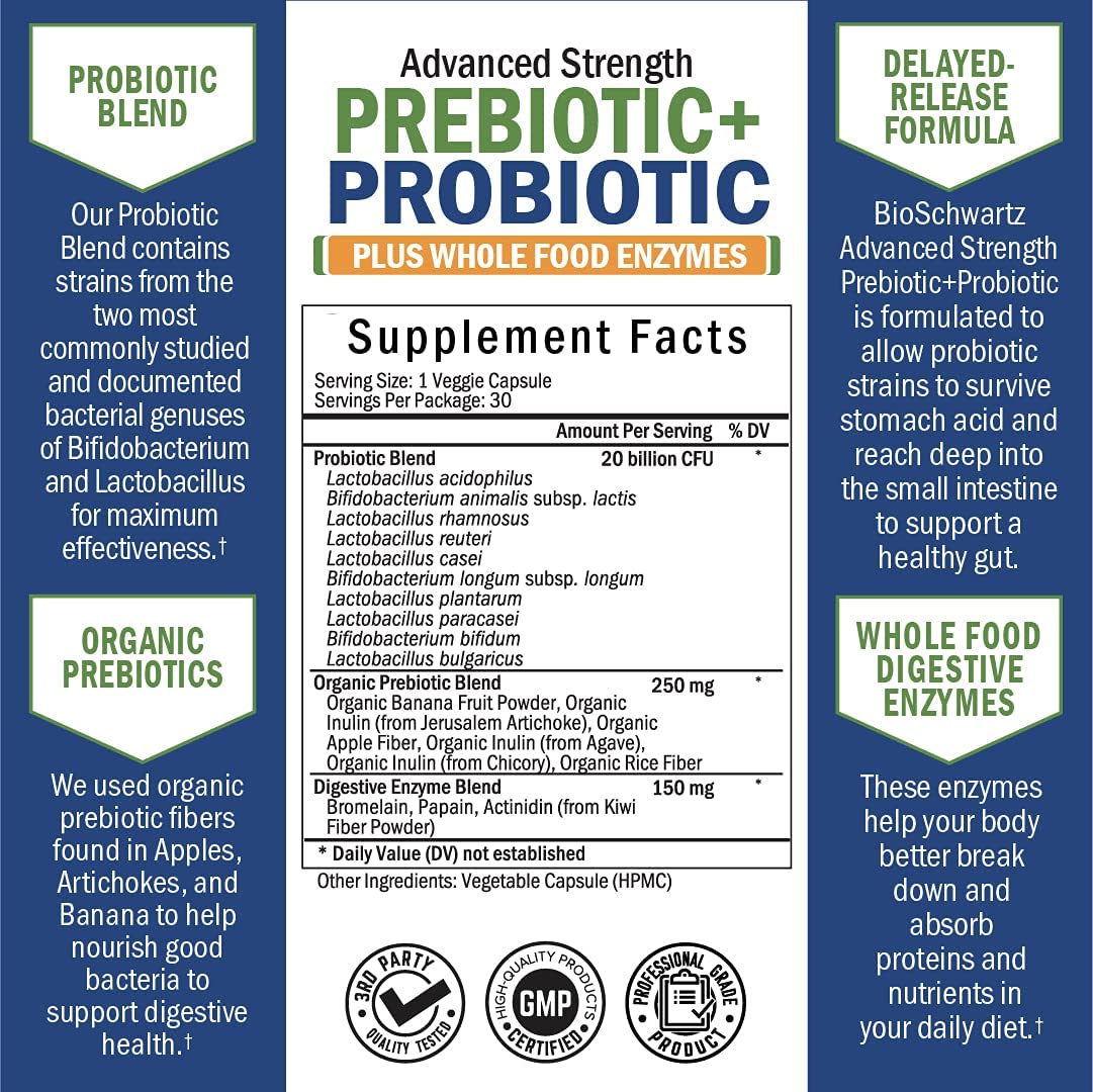 Probiotic & Prebiotic Digestive Health Capsules - 30ct, Gluten & Dairy Free, Non-GMO BioSchwartz