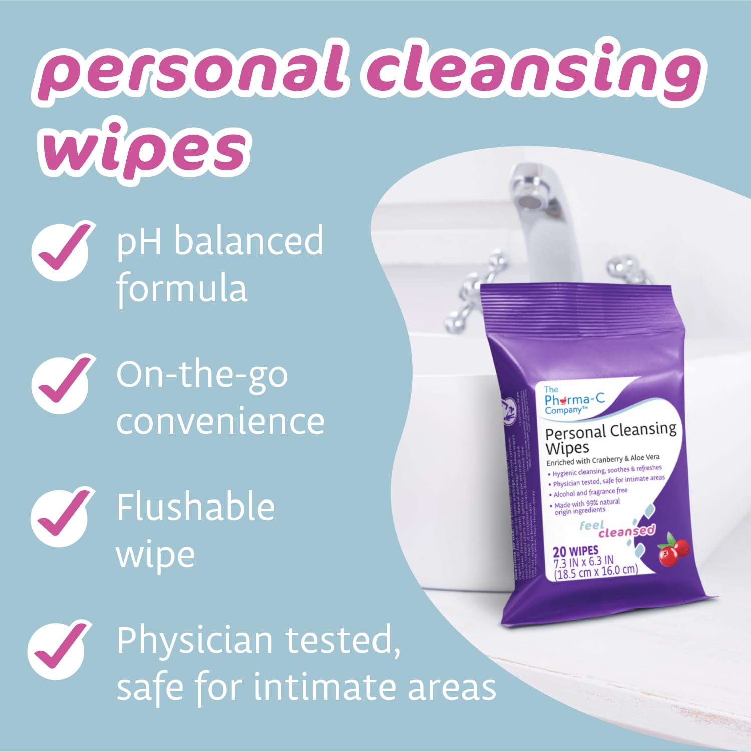 The Pharma-C Company Personal Cleansing Wipes [2 packs of 20 wipes] - Enriched with Cranberry & Aloe Vera Generic