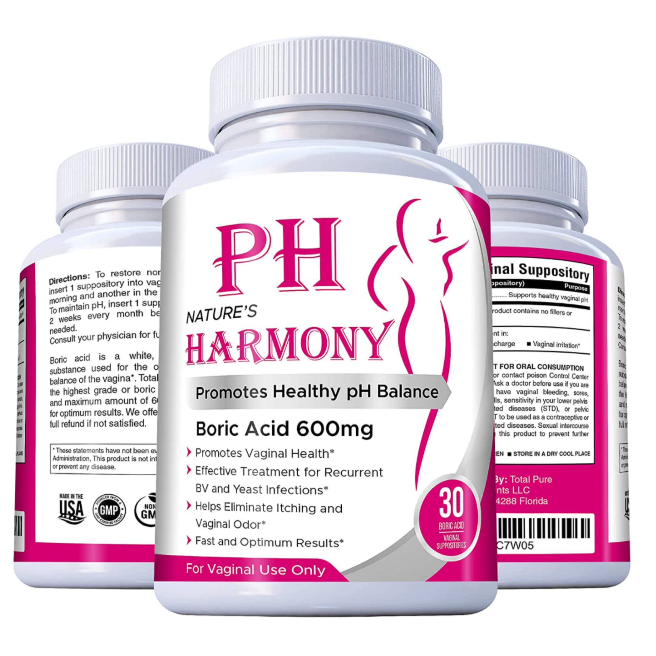 PURE PLANT HOME Boric Acid Suppositories Nature's Harmony 30 Count 600 mg 100% Pure Made in USA N'more