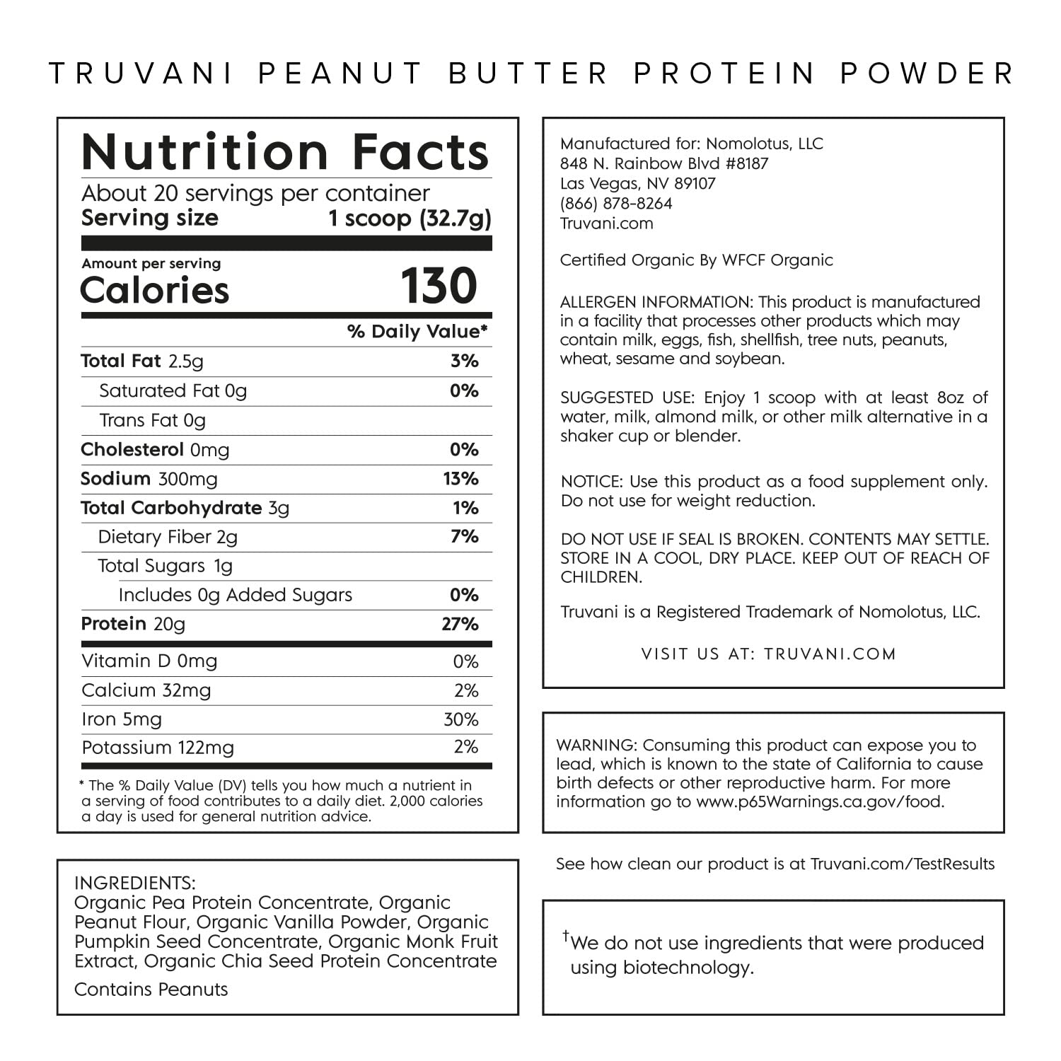 Truvani Organic Vegan Protein Powder Peanut Butter - 20g of Plant Based Protein, Powder Truvani