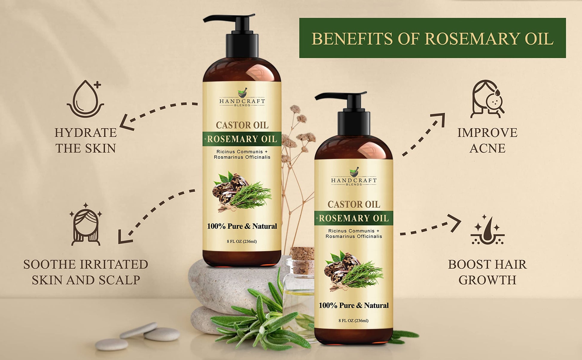 Handcraft Blends Castor Oil with Rosemary Oil for Hair Growth, Eyelashes, Eyebrows Handcraft Blends