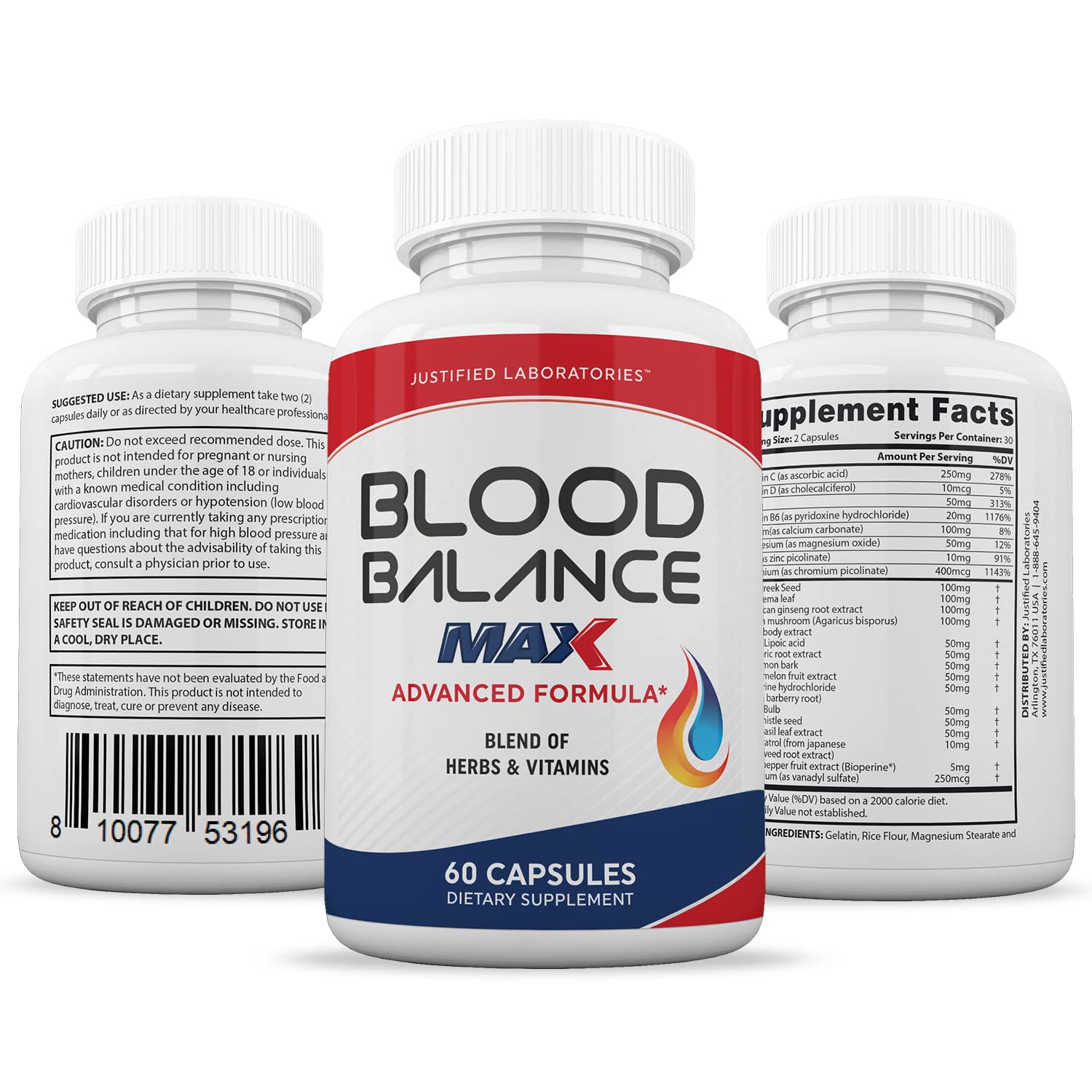 Justified Laboratories (2 Pack Blood Balance Max 1295MG Formula Supplement Pills Justified Laboratories