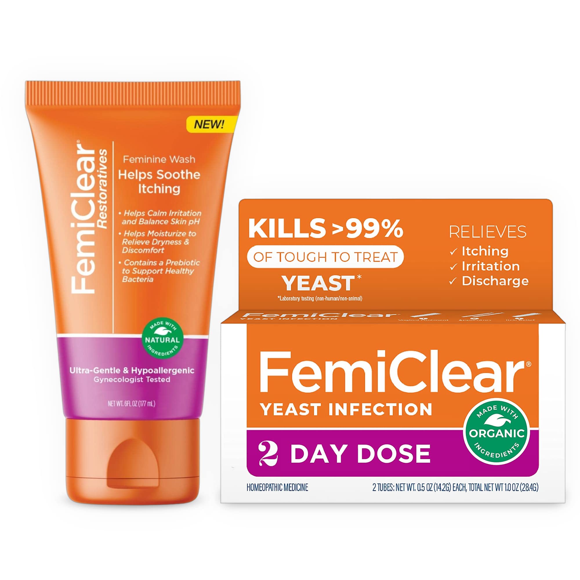 FemiClear 2-Day Dose Yeast Infection Treatment for Women and Soothing Feminine Wash, External Anti-Itch Ointment