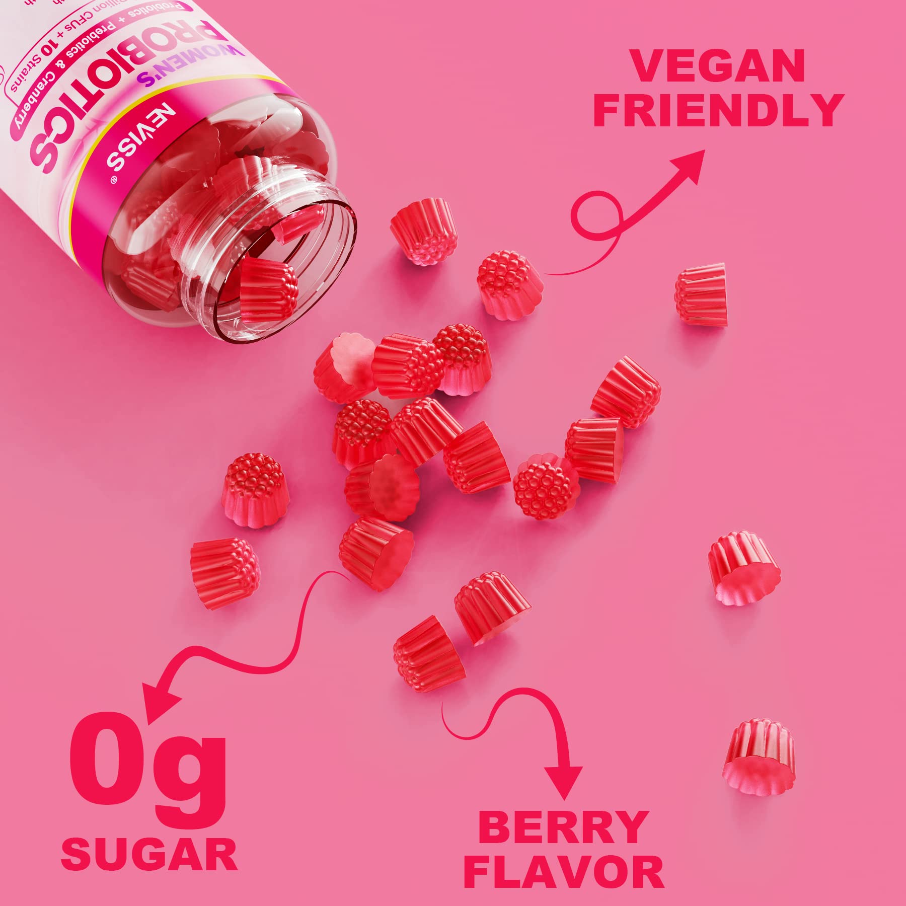 Probiotics for Women Gummies, Sugar Free Vaginal Probiotics 50 Billion CFU 10 Strains w/ Cranberry NEVISS