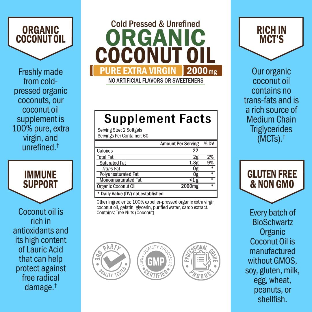 Coconut Oil Capsules 2000mg - Organic Pure Extra Virgin Unrefined Cold Pressed MCT BioSchwartz