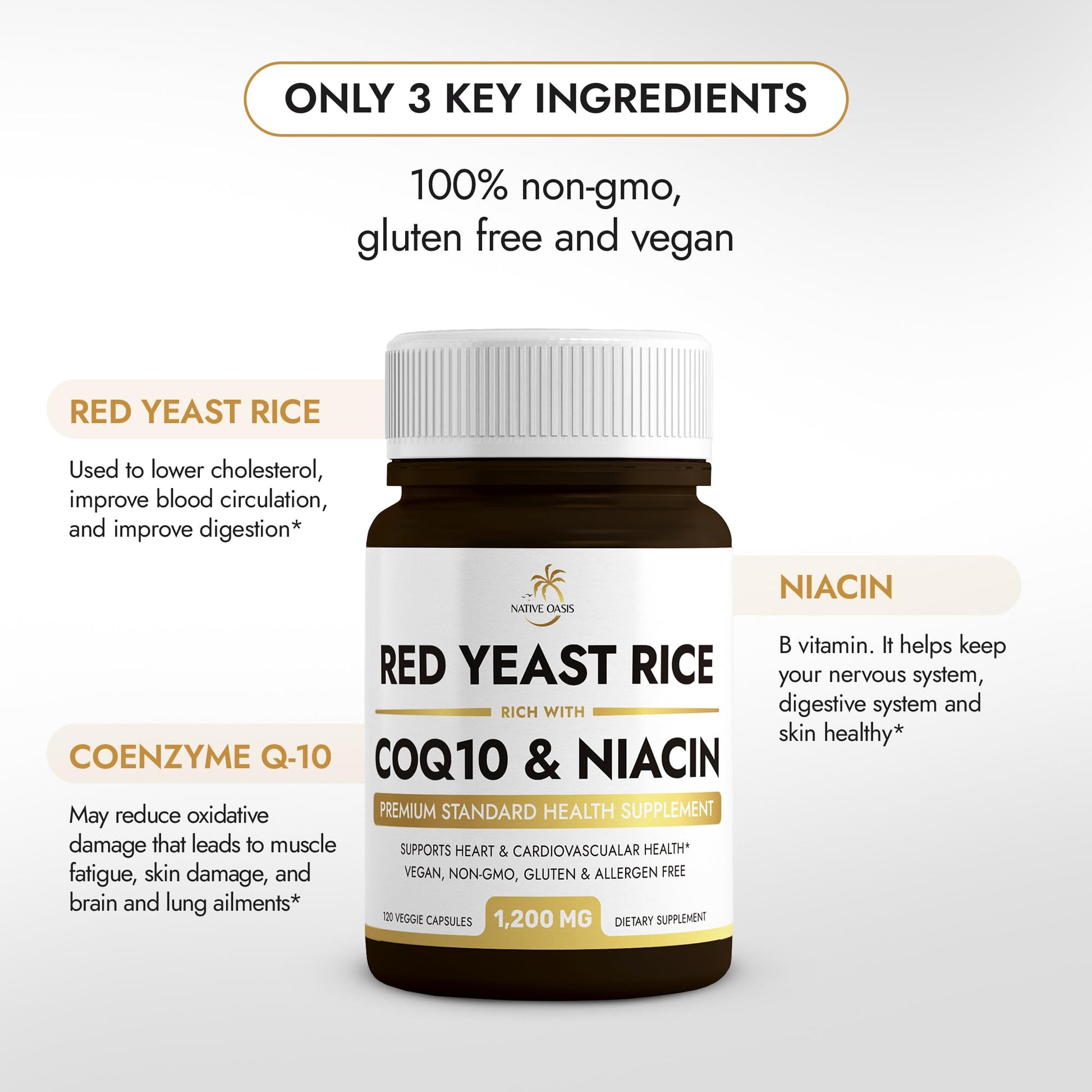 Native Oasis (2 Bottles) Red Yeast Rice 1,200 mg. Capsules Made with CoQ10 and Flush Native Oasis