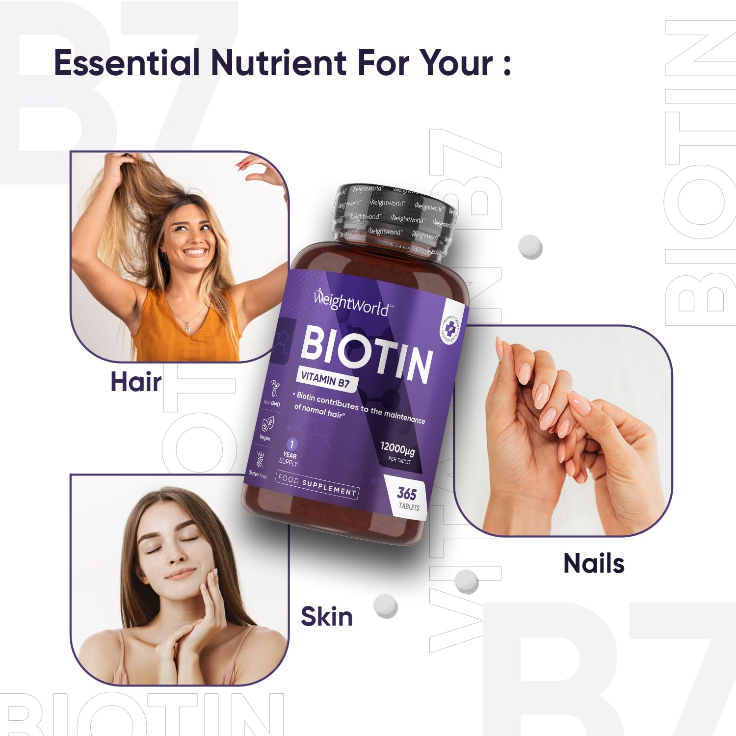 Biotin Hair Growth Supplement 12000mcg - 365 Vegan Biotin Tablets (1 Year Supply) maxmedix