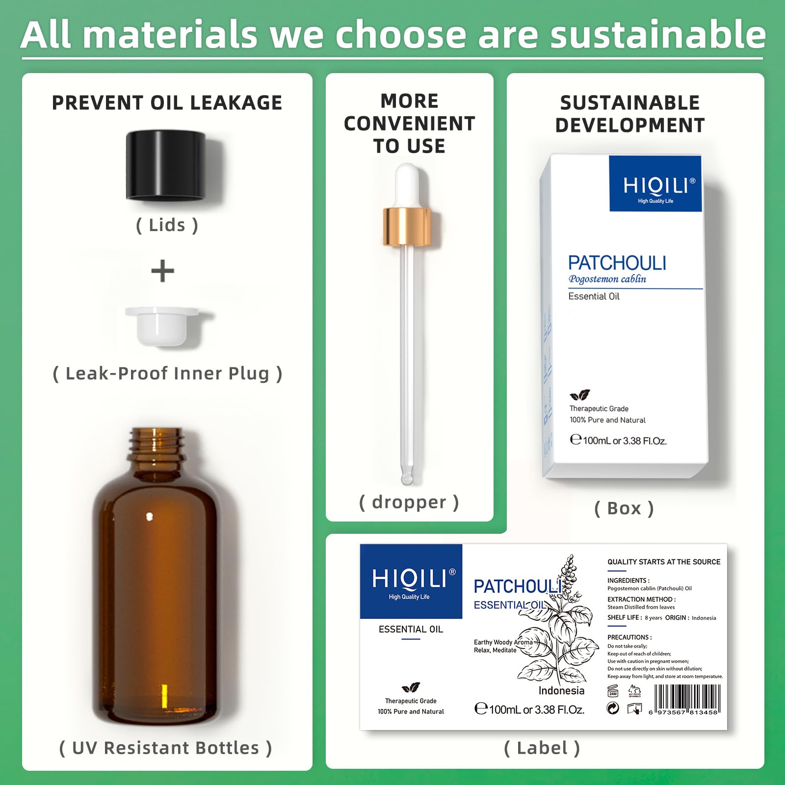 HIQILI Patchouli Essential Oil 100ML, Pure Natural, for Perfume Making, Diffuser and Skin HIQILI