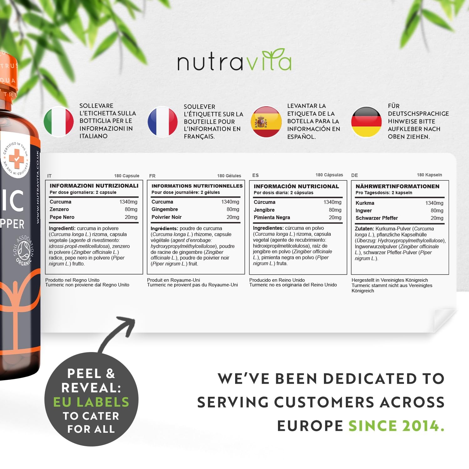 Organic Turmeric 1440mg (High Strength) with Black Pepper & Ginger - 180 Vegan Turmeric Nutravita