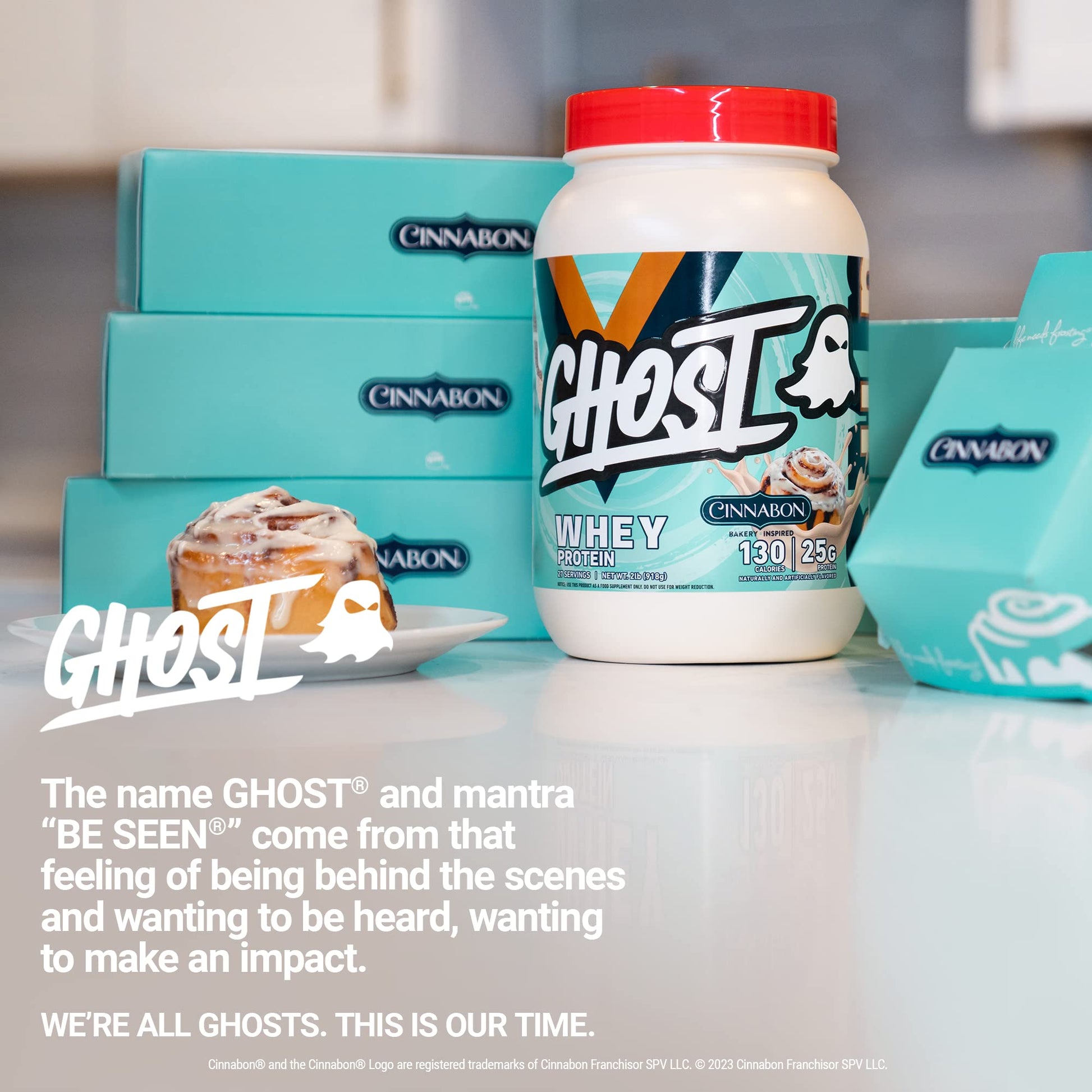 GHOST Whey Protein Powder, Cinnabon - 2LB Tub, 25G of Protein - Cinnamon Roll Flavore GHOST