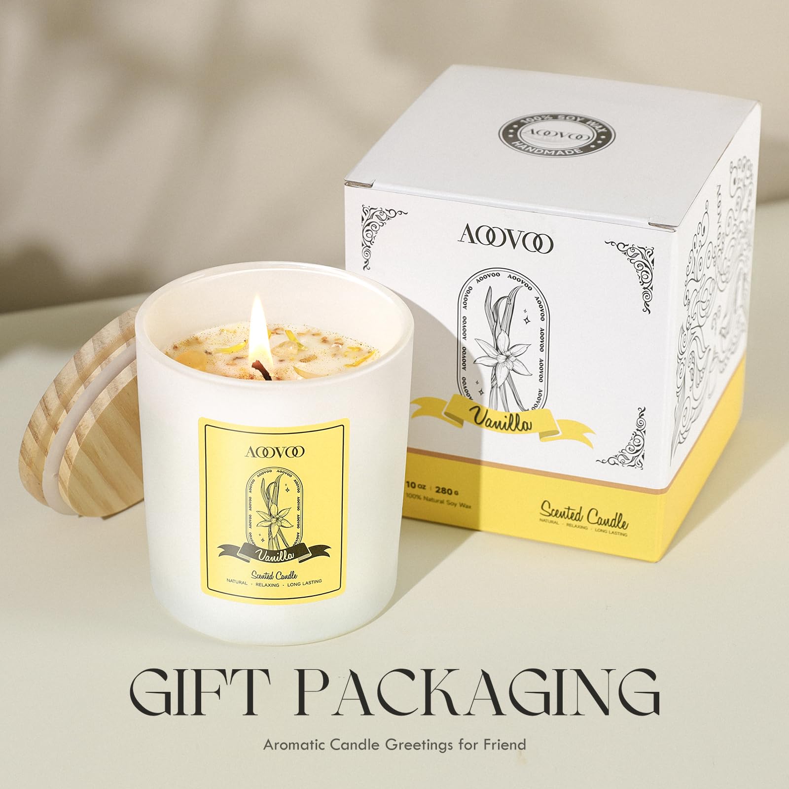 Vanilla Soy Candles Gift for Women - Aromatherapy Candle with Crystals Inside, 10oz Natural Soy Wax Candles AOOVOO