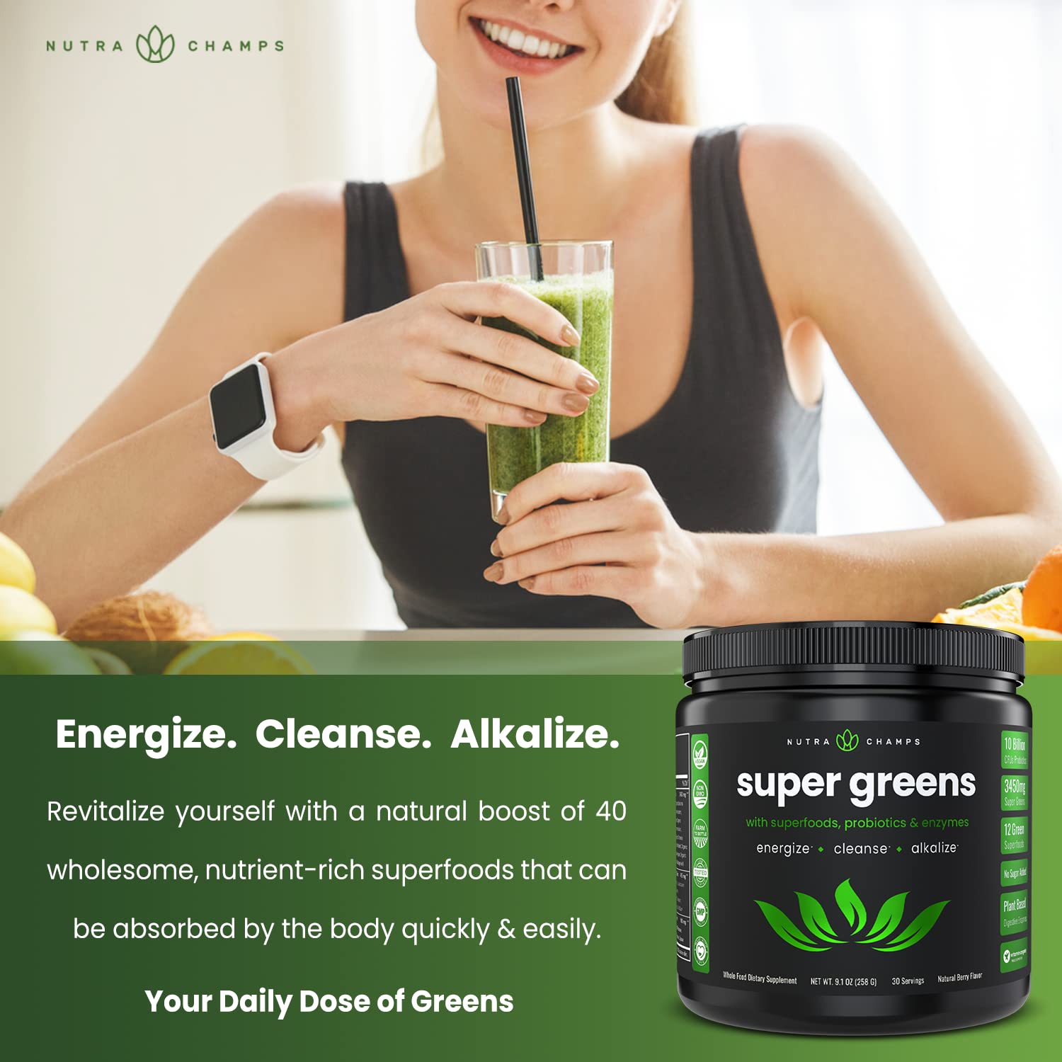 NutraChamps Super Greens Powder Premium Superfood | 20+ Organic