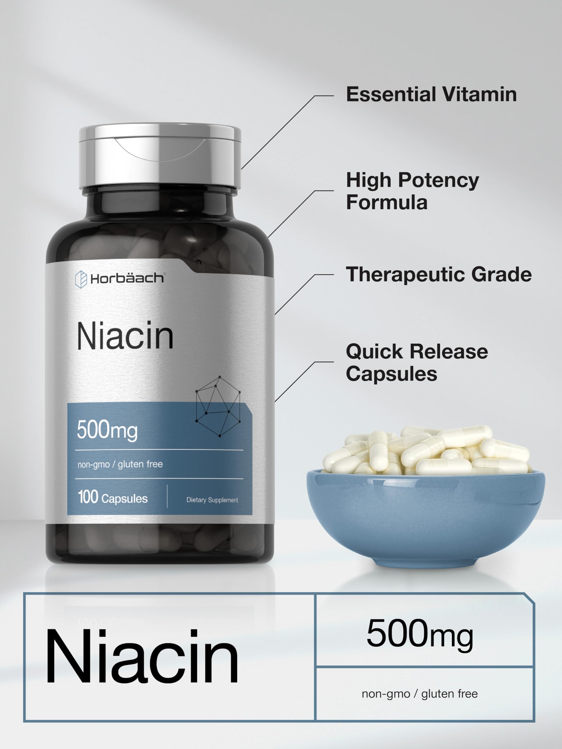 Niacin | Vitamin B3 500mg | 100 Capsules | with Flushing | Non-GMO, and Gluten Free Horbäach