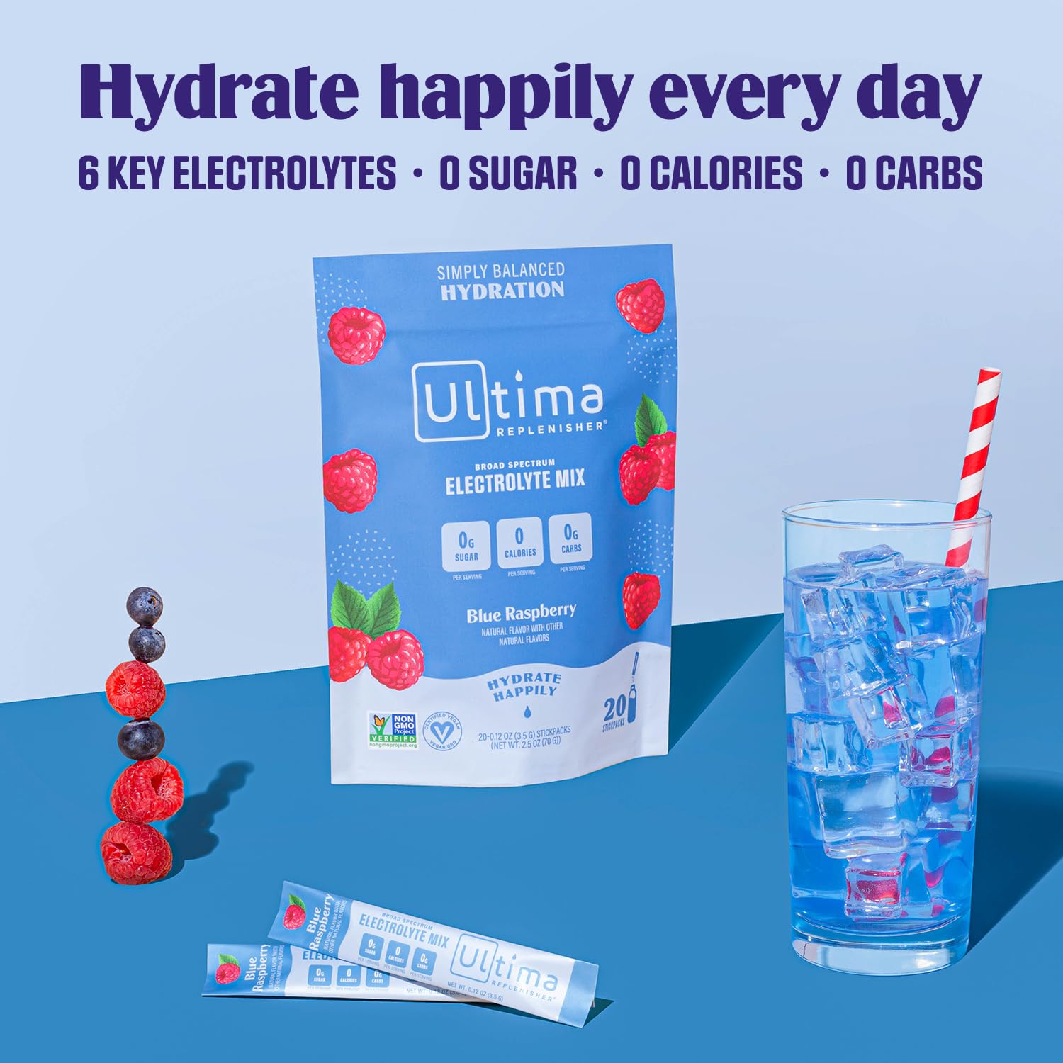 Ultima Replenisher Daily Electrolyte Drink Mix – Blue Raspberry, 20 Stickpacks – Hydration Ultima Replenisher
