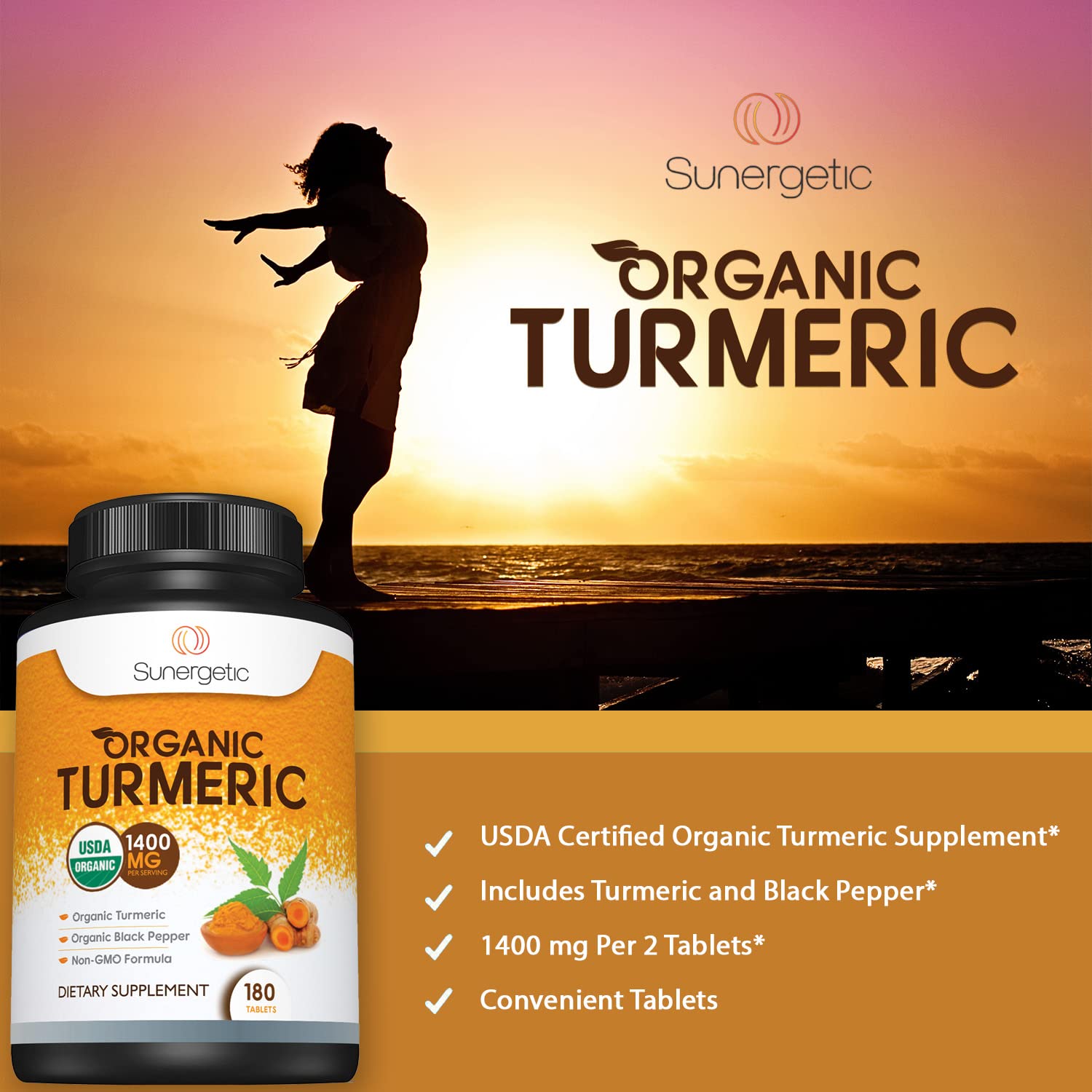 Sunergetic USDA Certified Organic Turmeric Supplement – Includes Organic Turmeric Sunergetic
