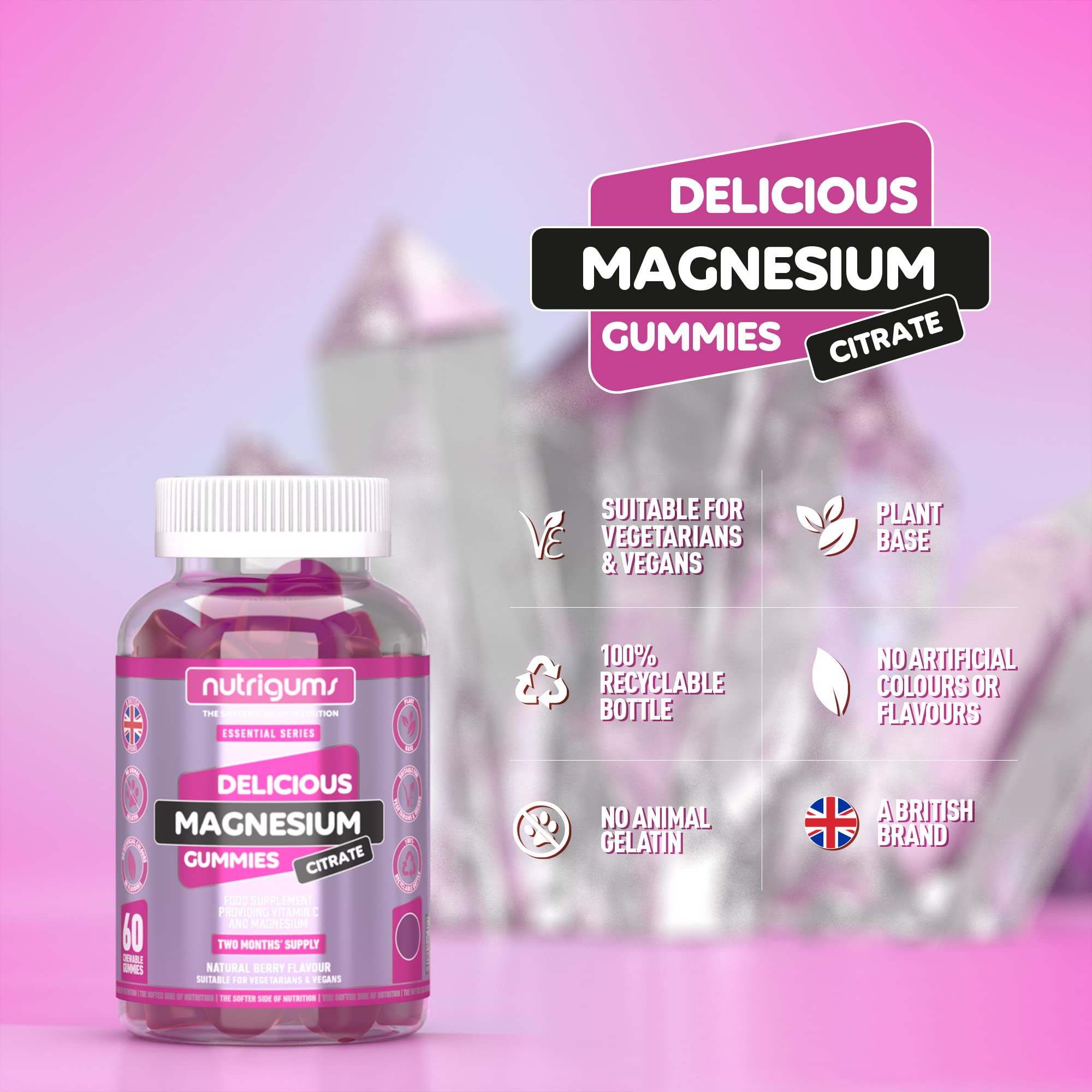 Magnesium Citrate 1250mg & Vitamin C Gummy | Mixed Berry Flavour | 60 Vegan Gummies Nutrigums