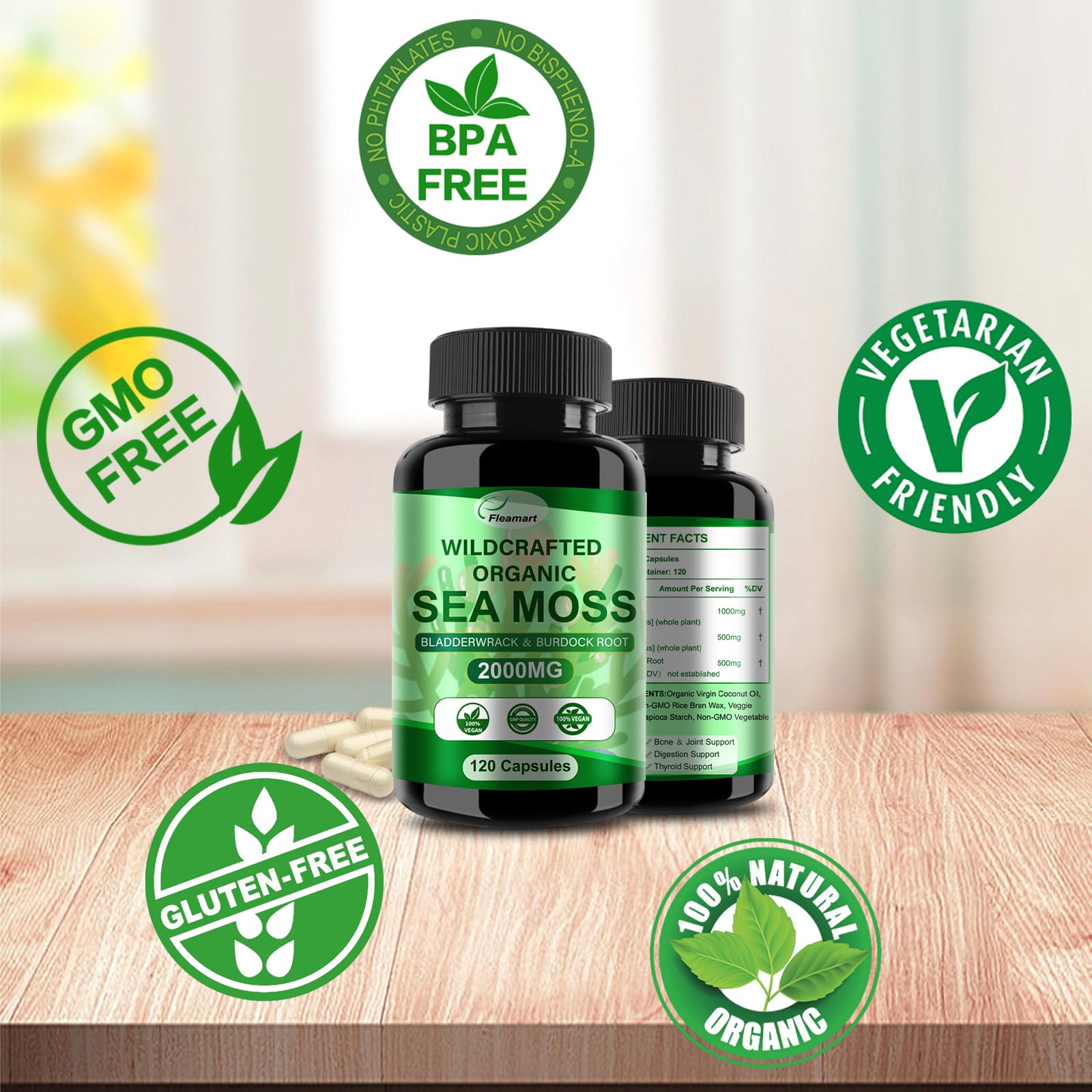 Fleamart Irish Sea Moss Capsules 120ct Raw Organic Sea Moss Wildcrafted Bladderwrack Fleamart