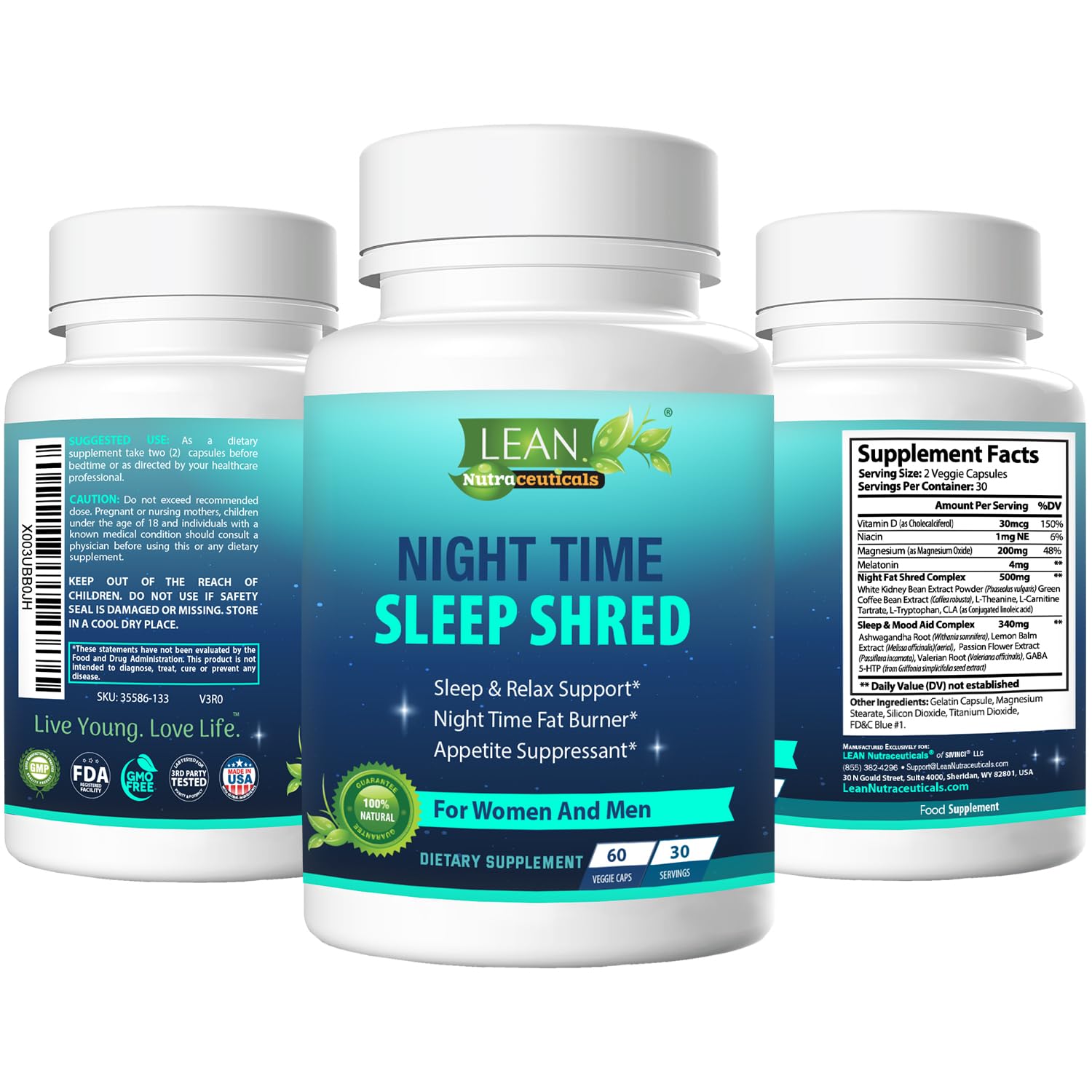 Night Time Sleep Shred Fast Fat Burner, Weight Loss Aid Pill, Appetite Suppressant Carb LEAN Nutraceuticals