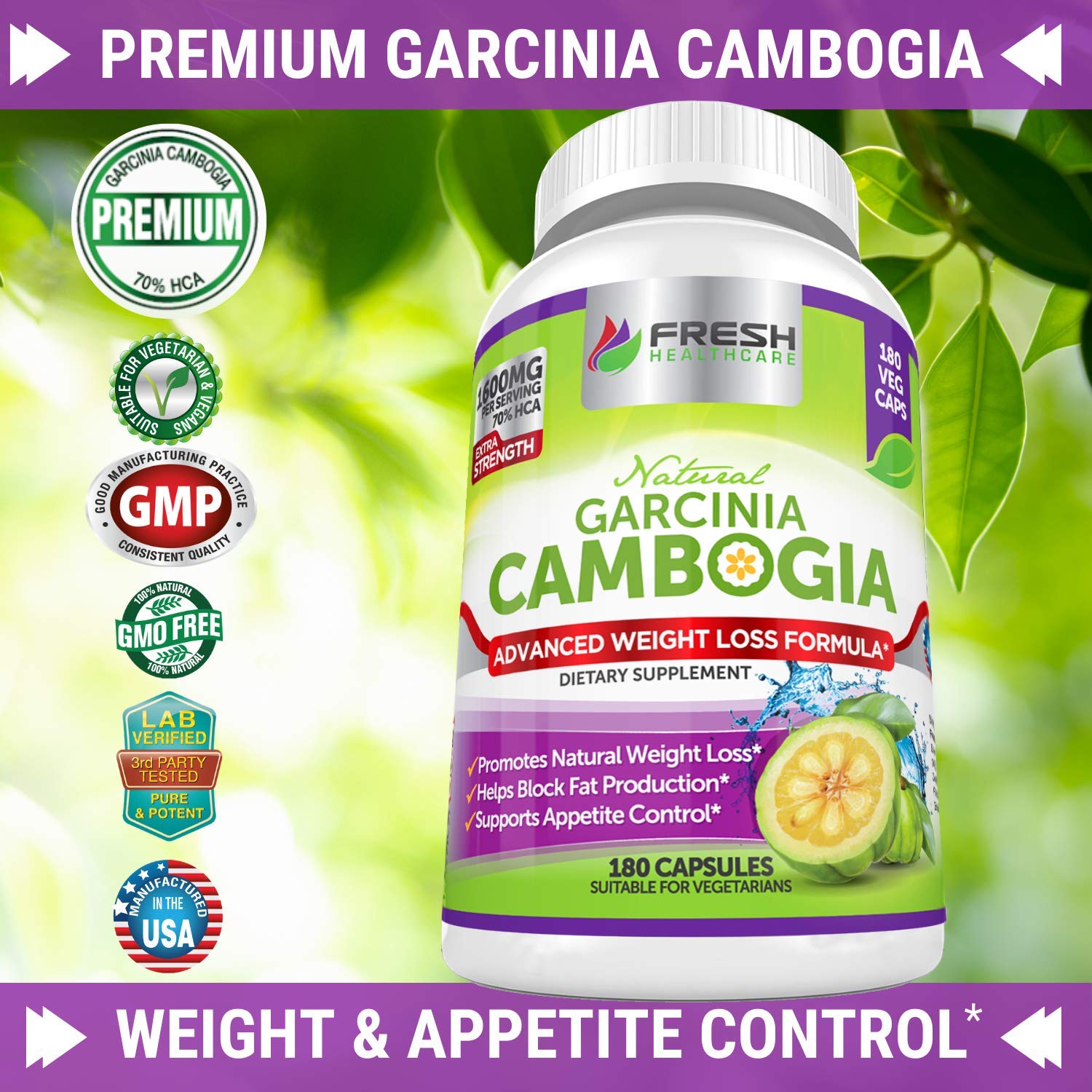 Fresh Healthcare 100% Pure Garcinia Cambogia Extract - All Natural Appetite Suppressant FRESH HEALTHCARE