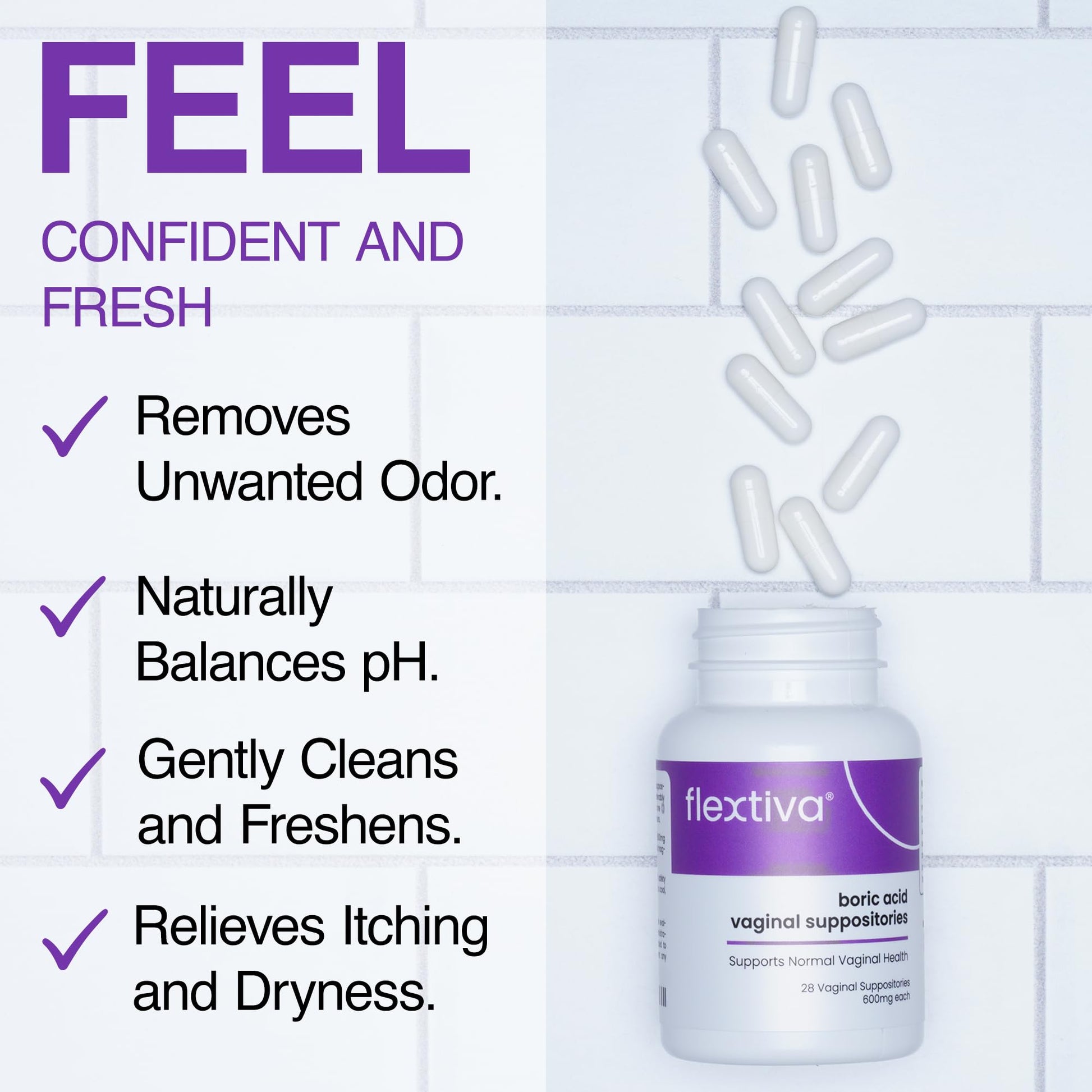 Flextiva Boric Acid Vaginal Suppositories - Boric Acid Pills for Women - Vaginal Health pH Balance for Women Flextiva