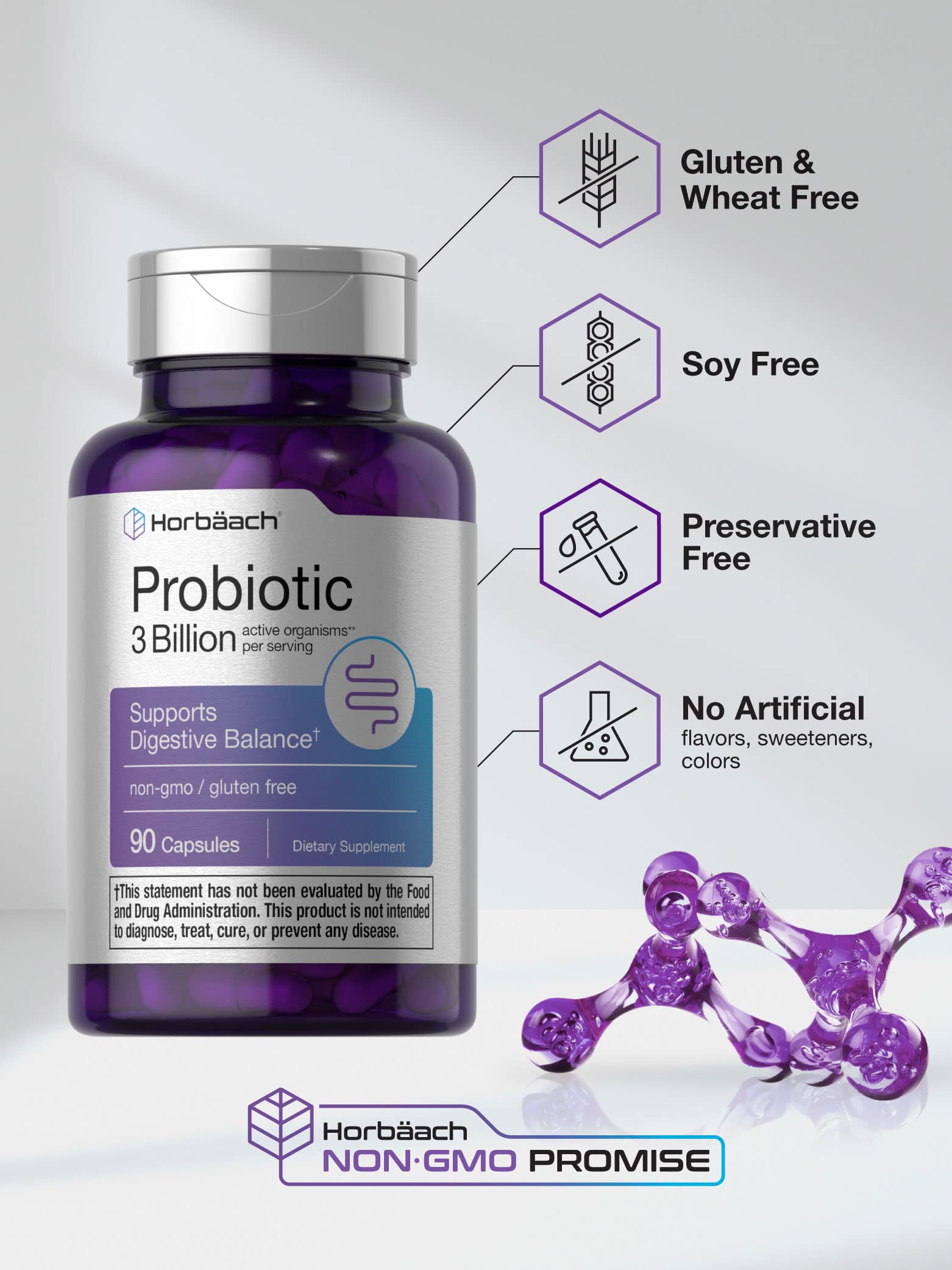 Probiotic for Women & Men's Digestive Health | 3 Billion CFU | 90 Capsules | Non-GMO Horbäach