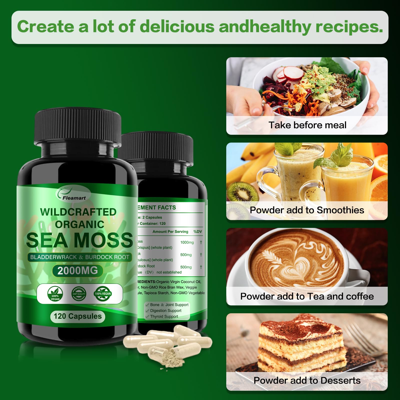 Fleamart Irish Sea Moss Capsules 120ct Raw Organic Sea Moss Wildcrafted Bladderwrack Fleamart