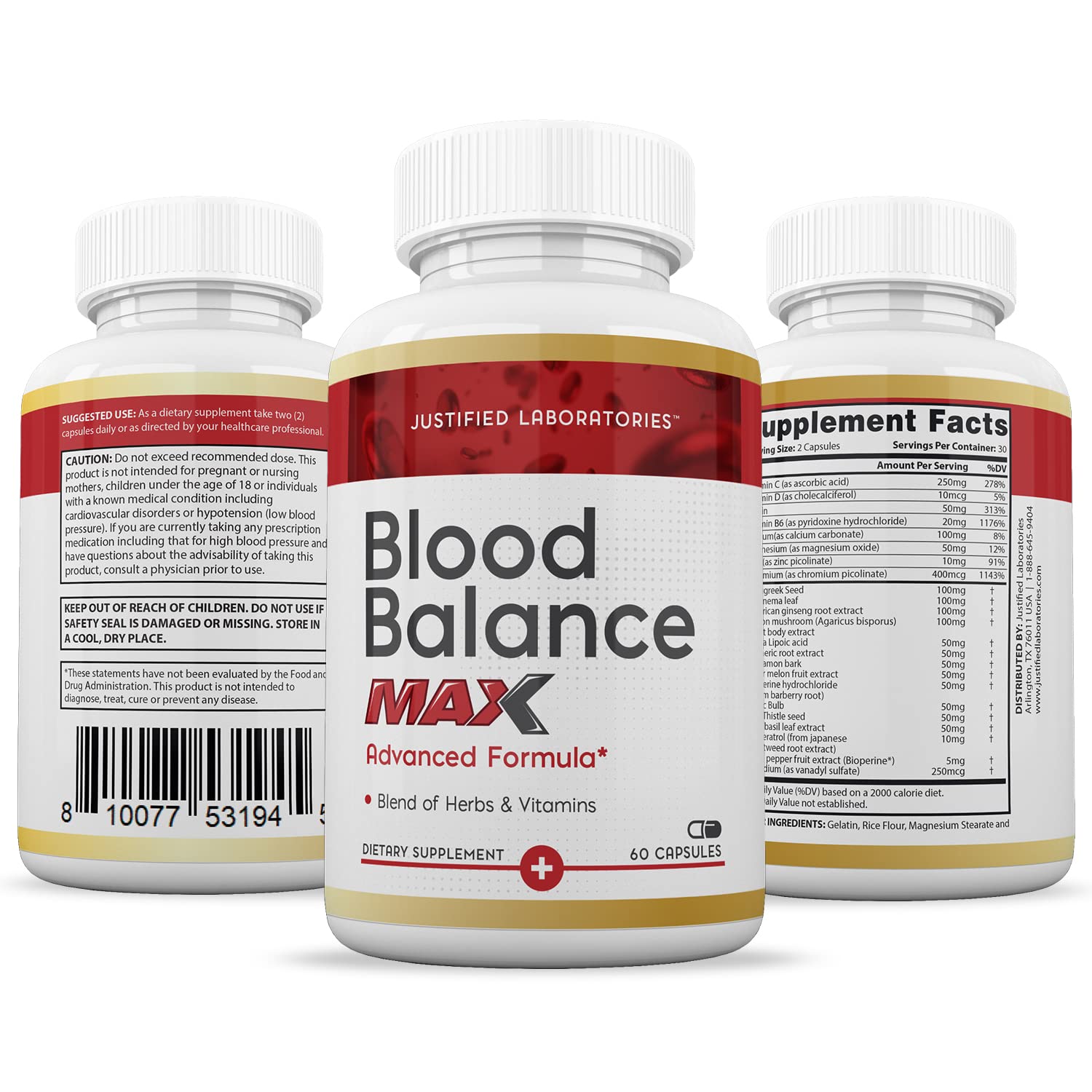 Justified Laboratories (3 Pack Blood Balance Max 1295MG Formula Supplement Pills Justified Laboratories