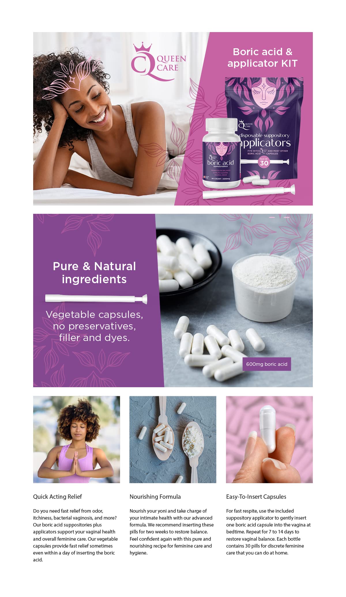 Queen Care - Boric Acid Suppositories & Applicators, Complete Feminine Care, PH Balance for Women Queen Care