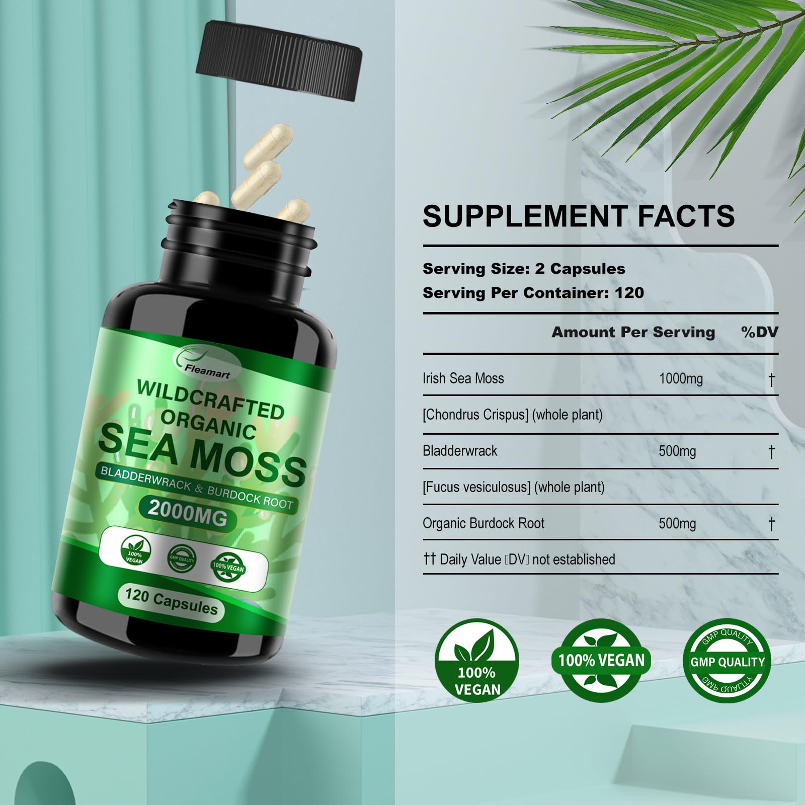 Fleamart Irish Sea Moss Capsules 120ct Raw Organic Sea Moss Wildcrafted Bladderwrack Fleamart